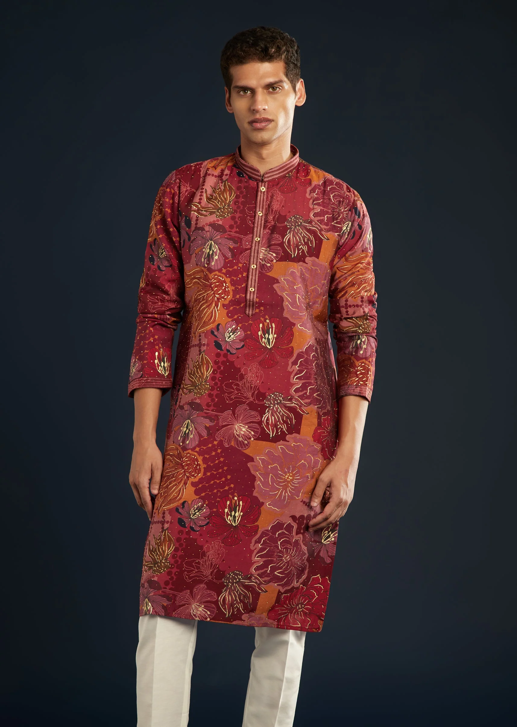 Red Silk Kurta Set With Foil Work - Image 3