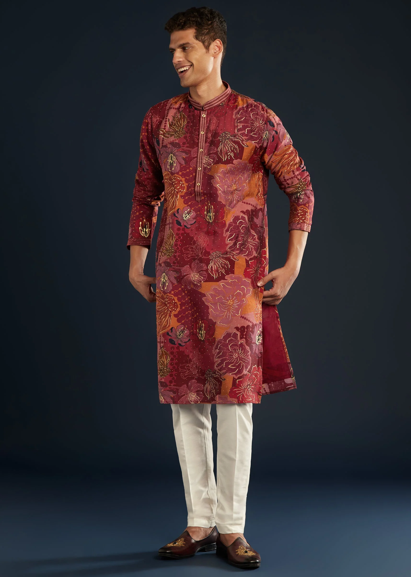 Red Silk Kurta Set With Foil Work - Image 4