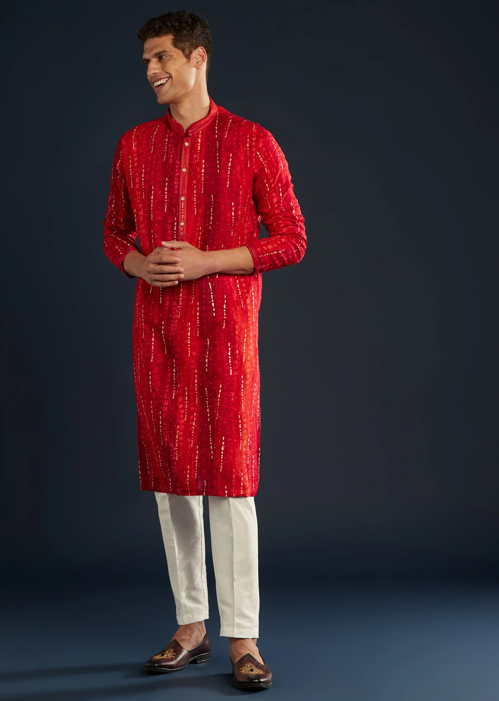 Red Silk Kurta Set with Resham Work - Image 3