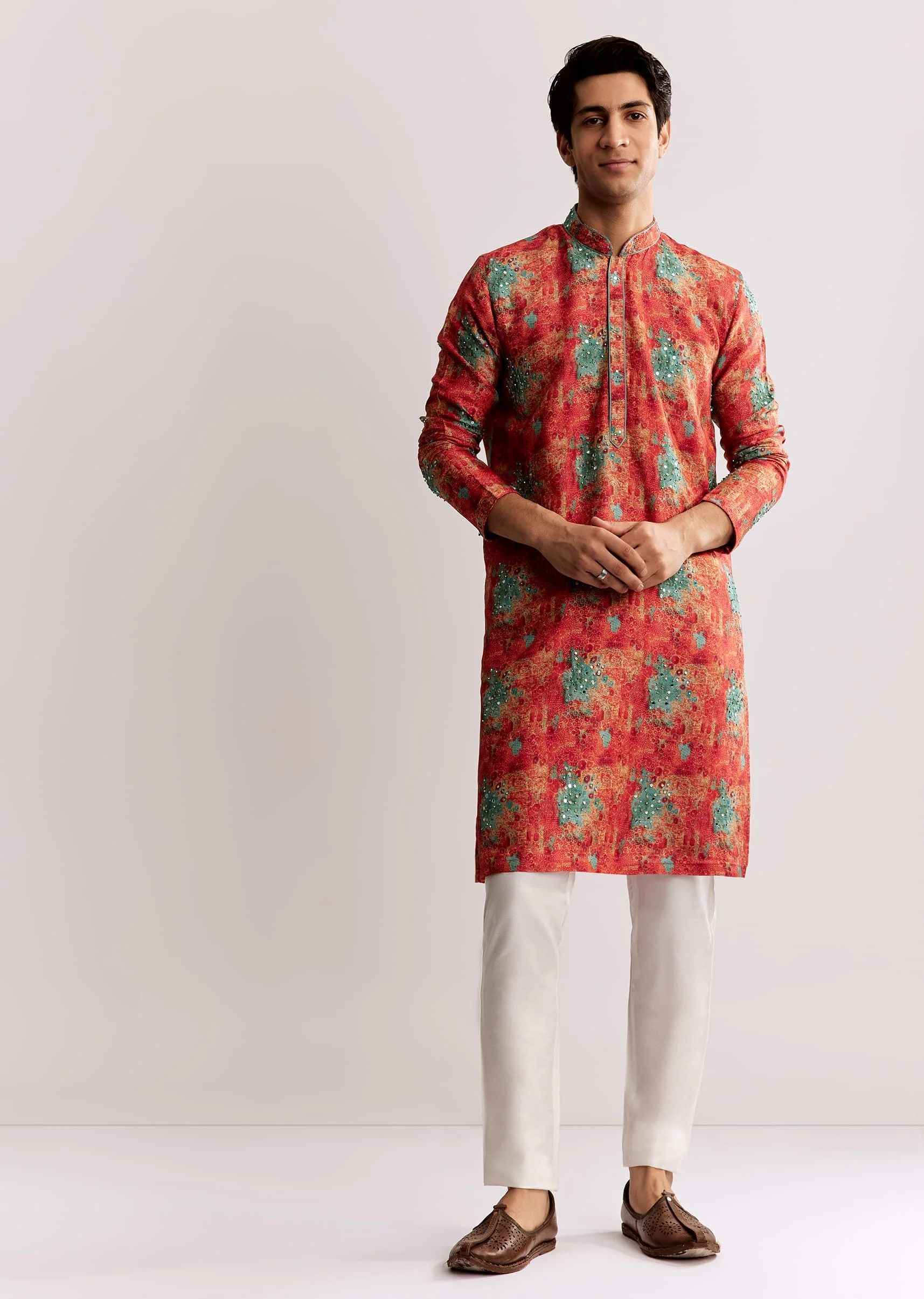 Red Silk Kurta Set With Sequins Embroidery - Image 2