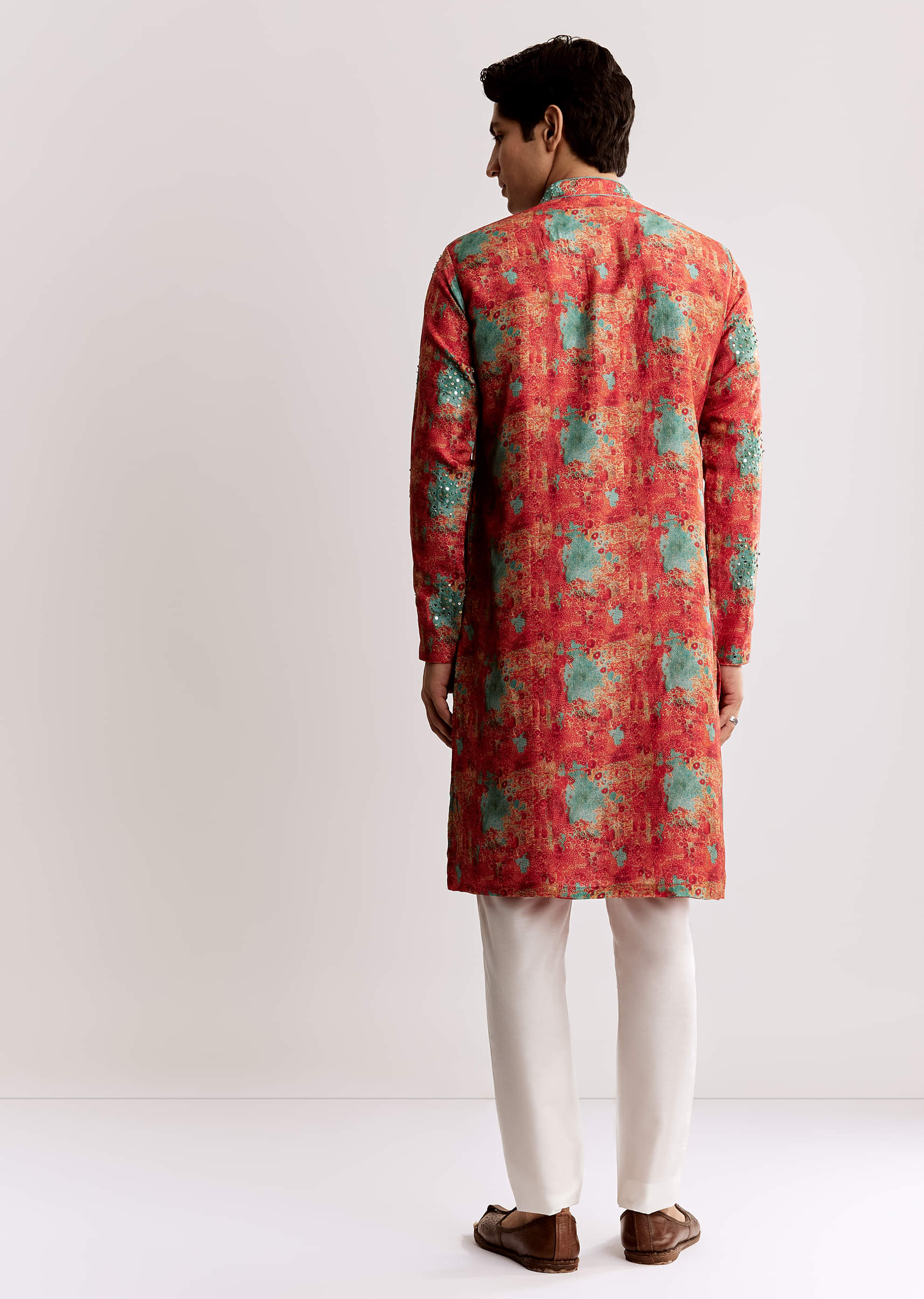 Red Silk Kurta Set With Sequins Embroidery - Image 5