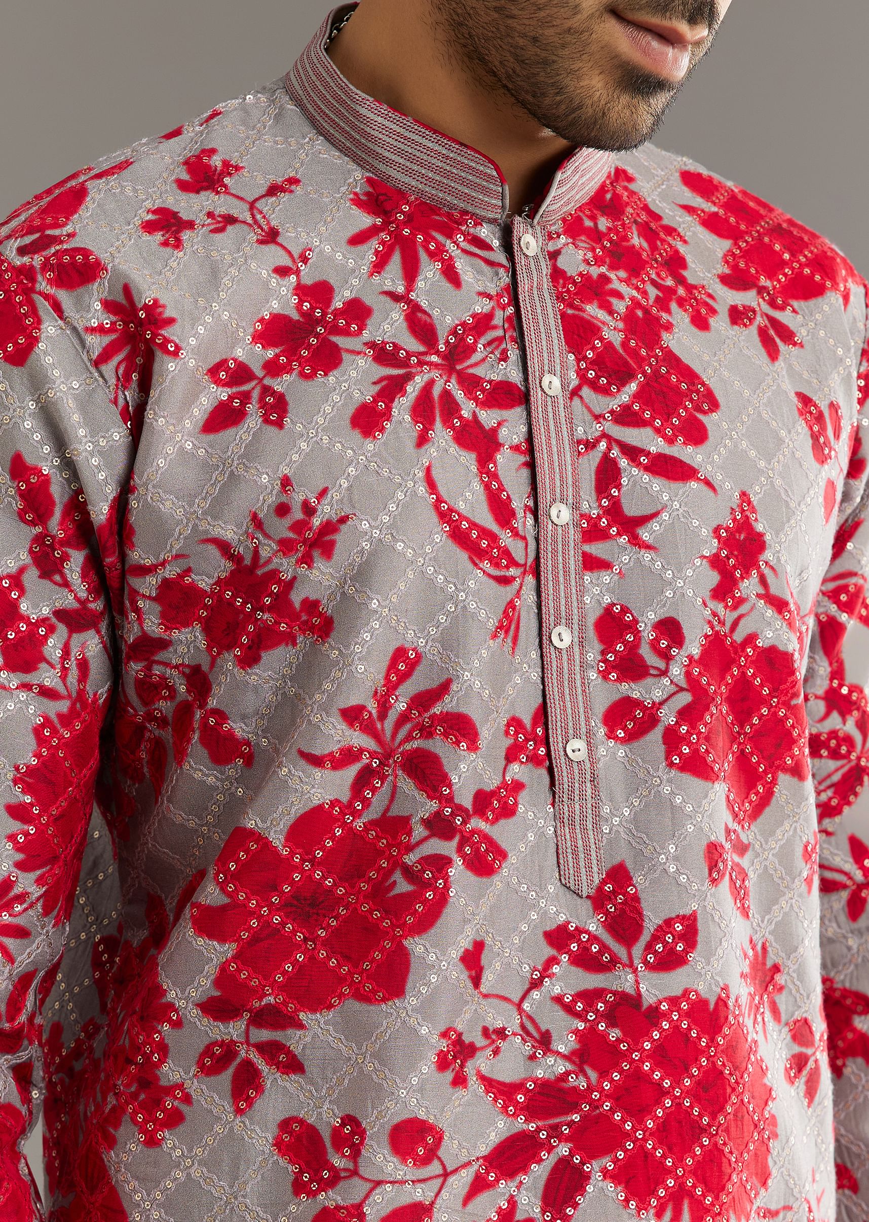Red Silk Kurta Set With Stone Embellishment