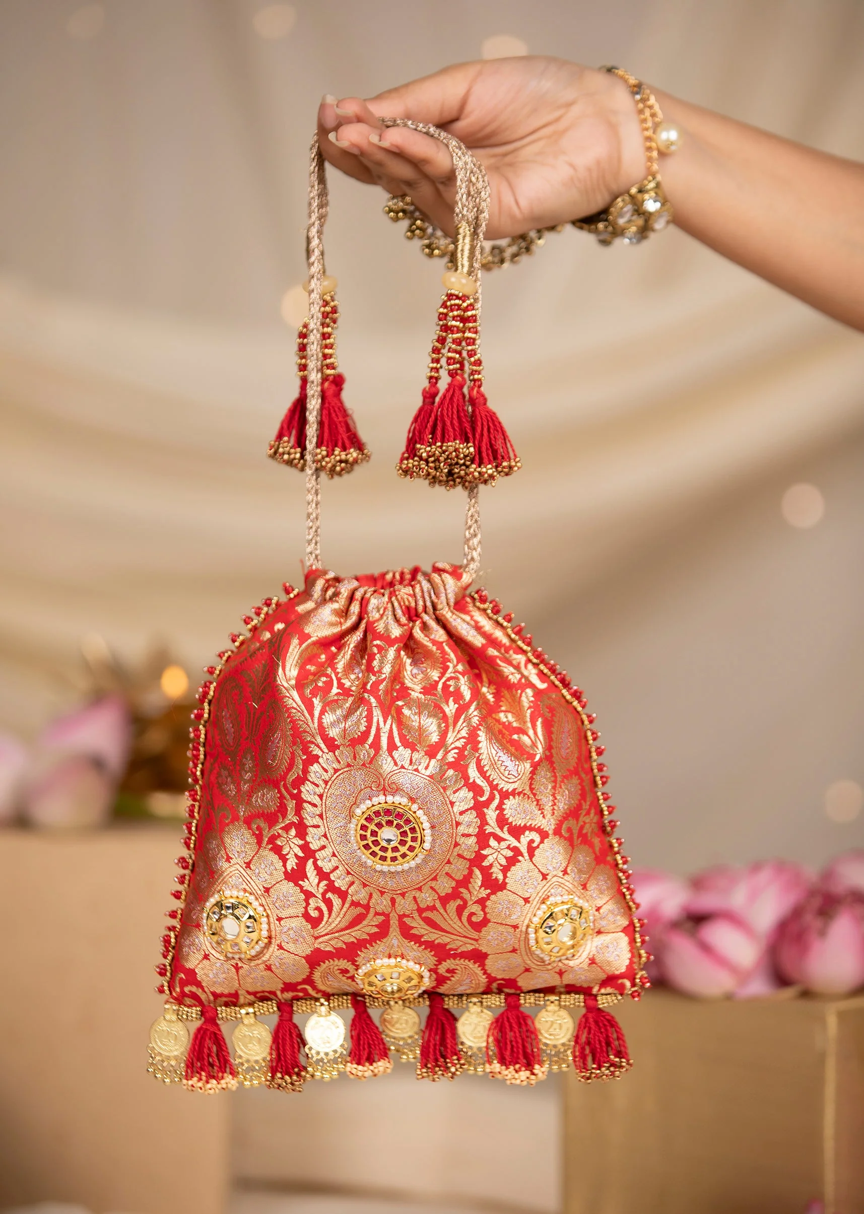 Red Silk Mirror Embellished Potli Bag