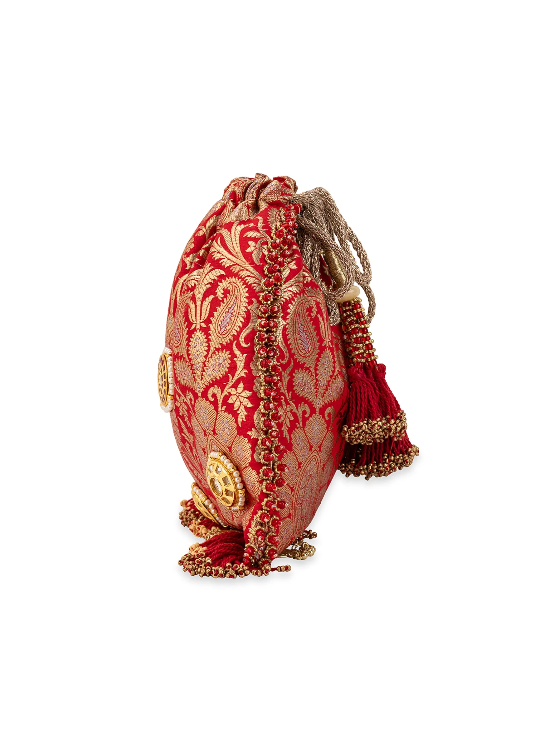 Red Silk Mirror Embellished Potli Bag - Image 4