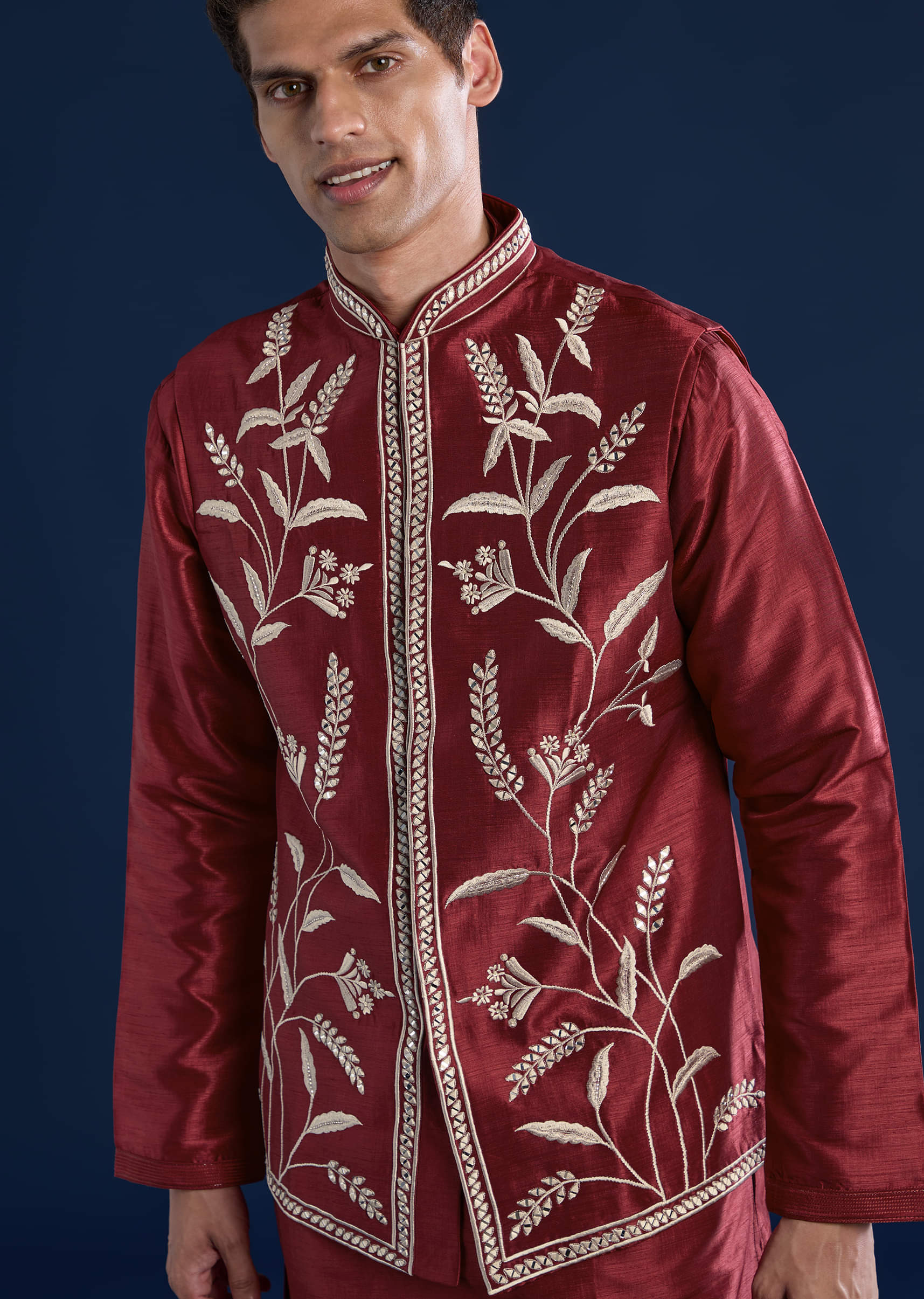 Red Silk Mirror Work Kurta and Jacket Set - Image 2