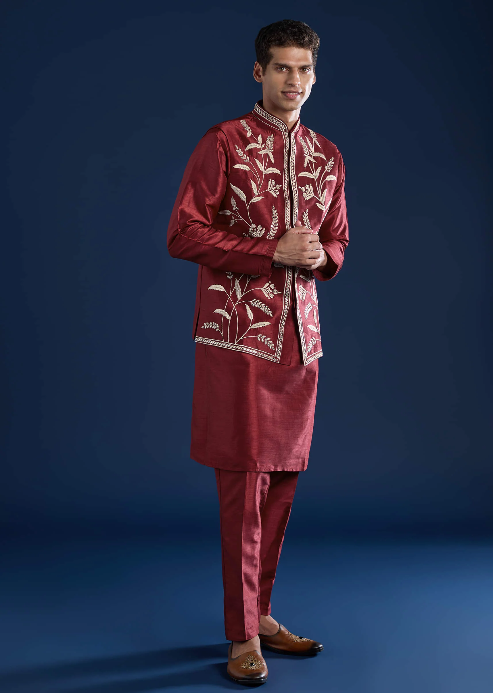 Red Silk Mirror Work Kurta and Jacket Set - Image 3