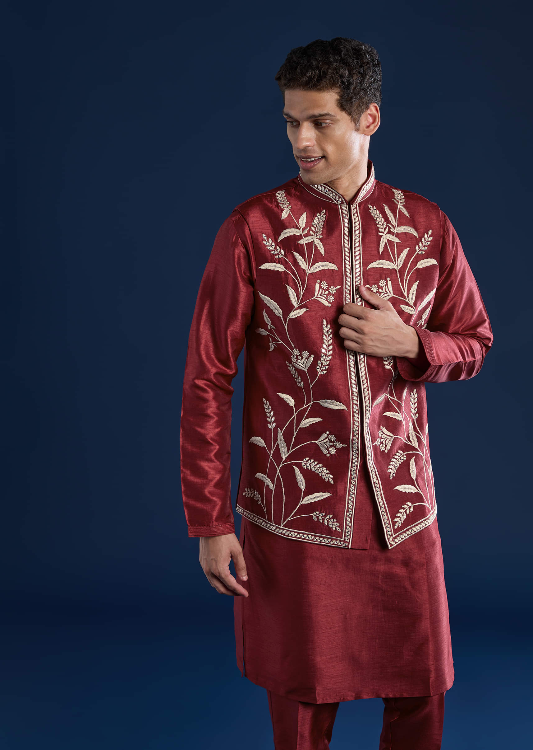 Red Silk Mirror Work Kurta and Jacket Set - Image 4