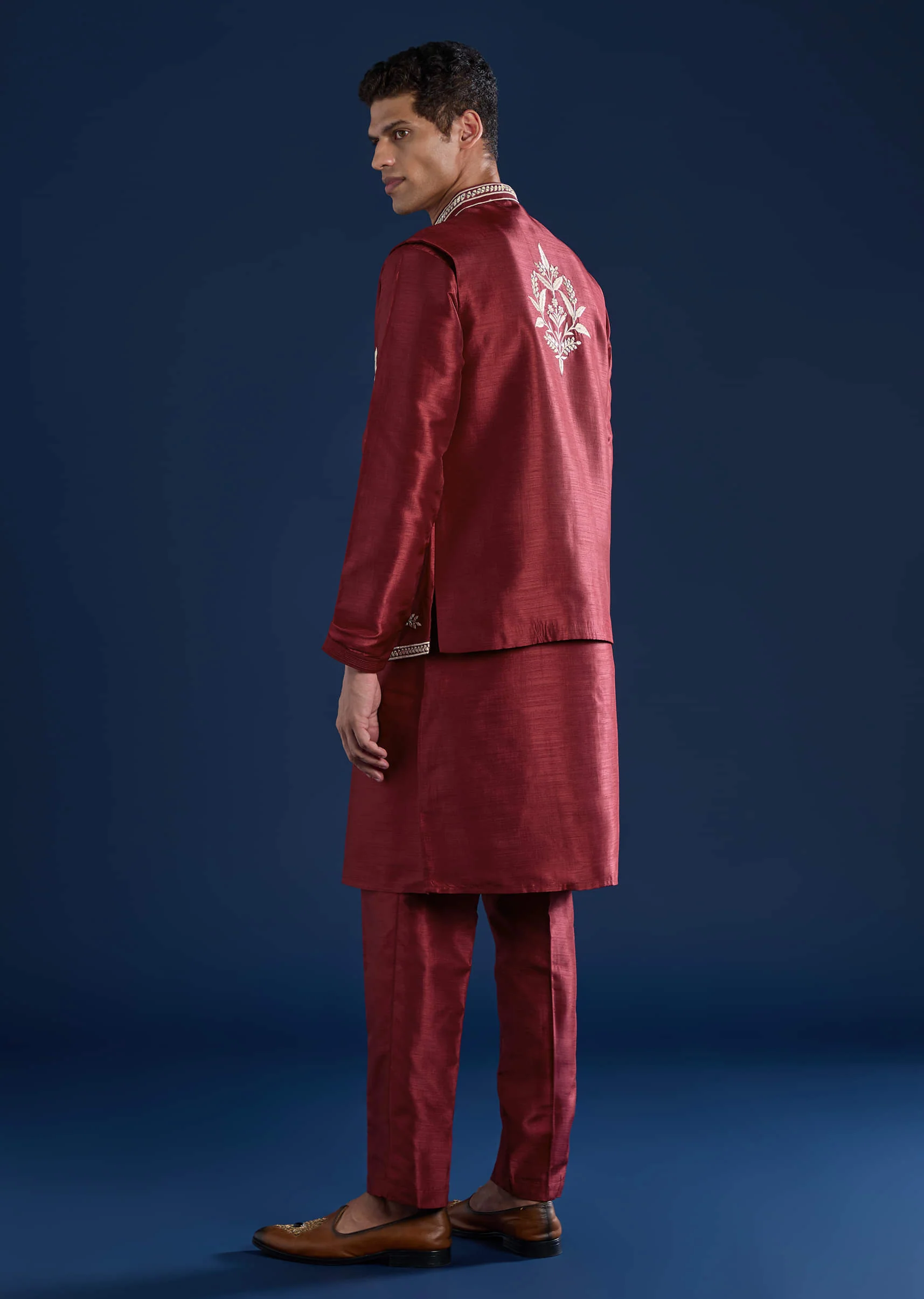 Red Silk Mirror Work Kurta and Jacket Set - Image 5