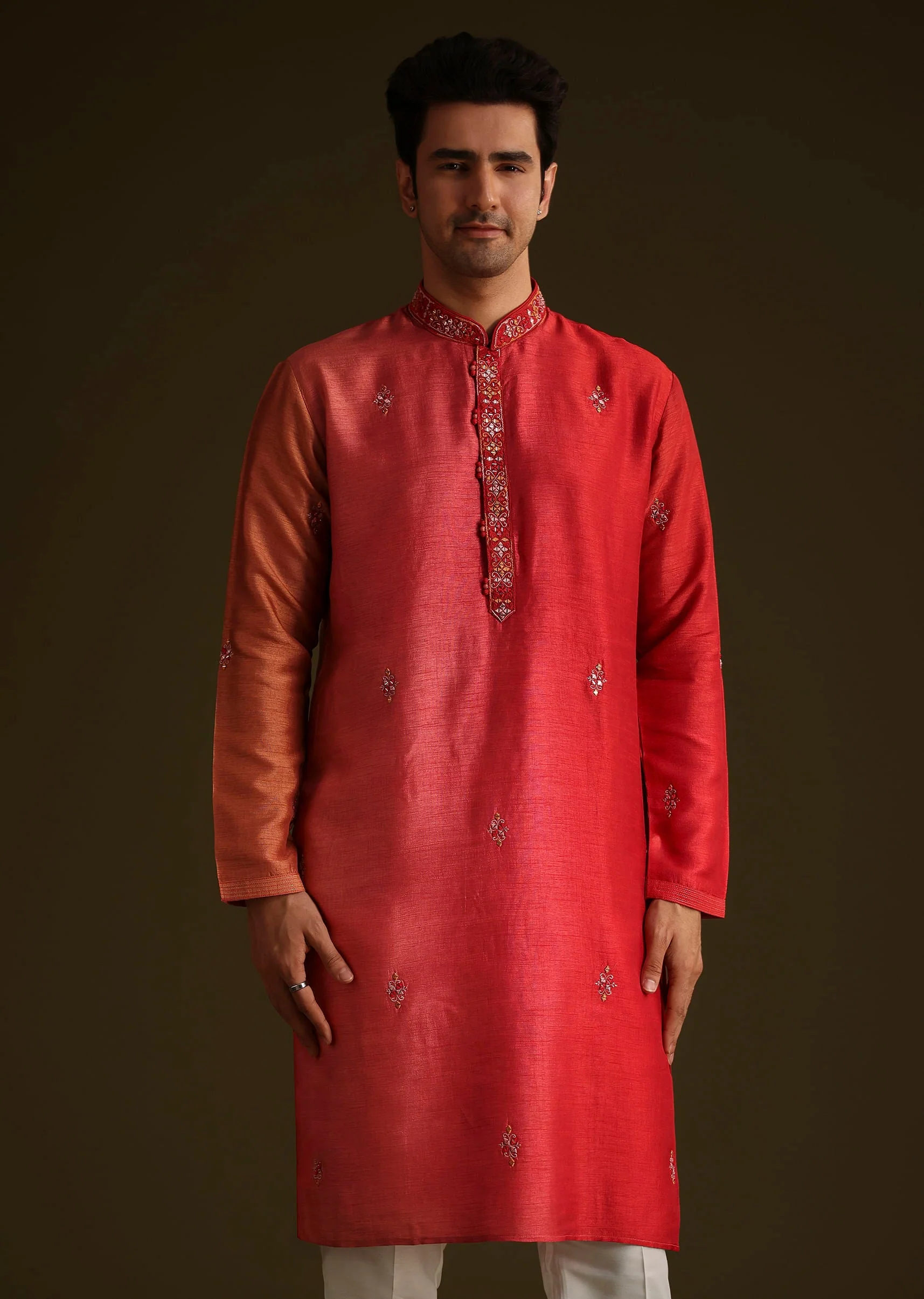 Red Silk Ombre Kurta Set - Image 7