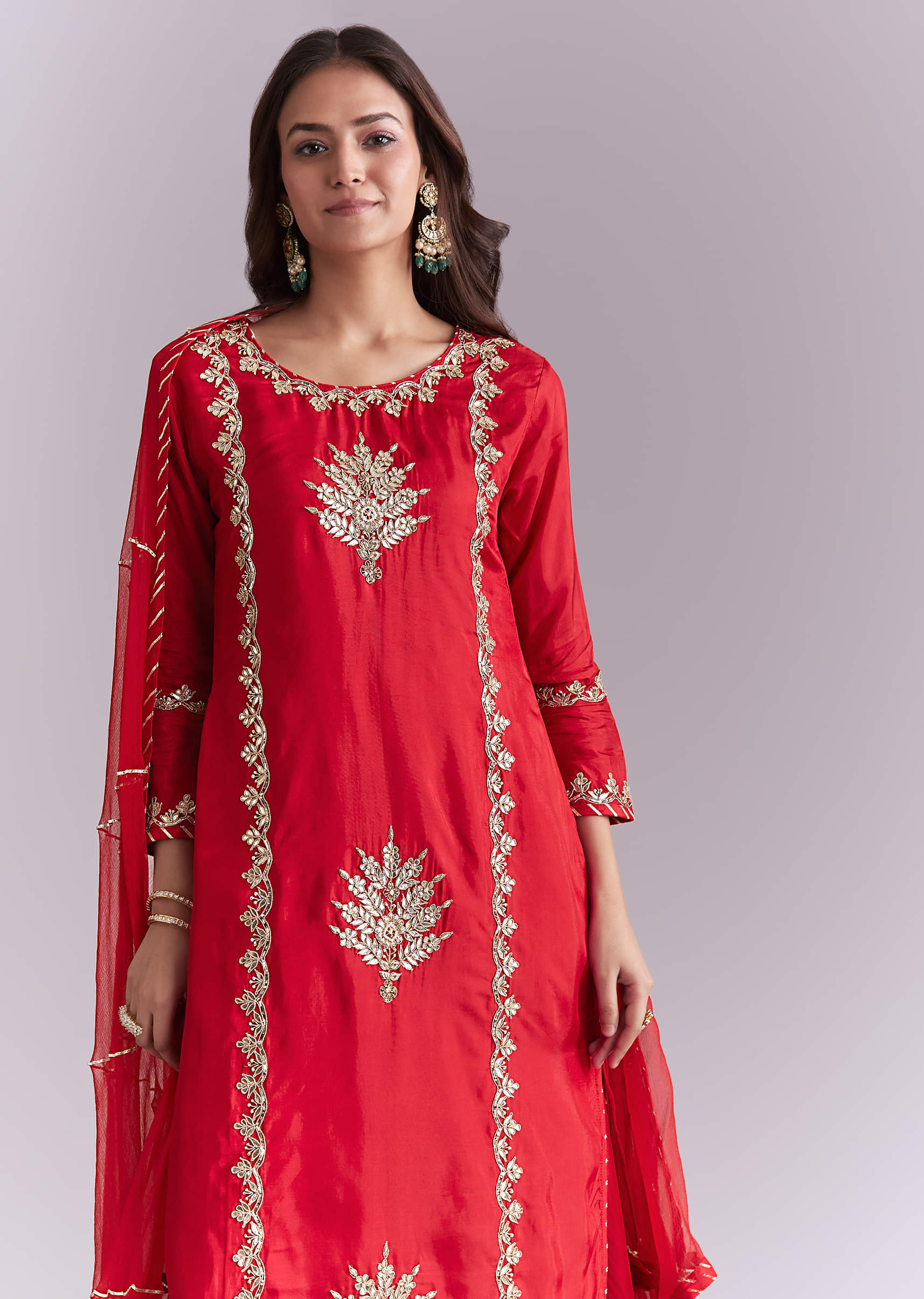 Red Silk Palazzo Suit With Gota Work - Image 4