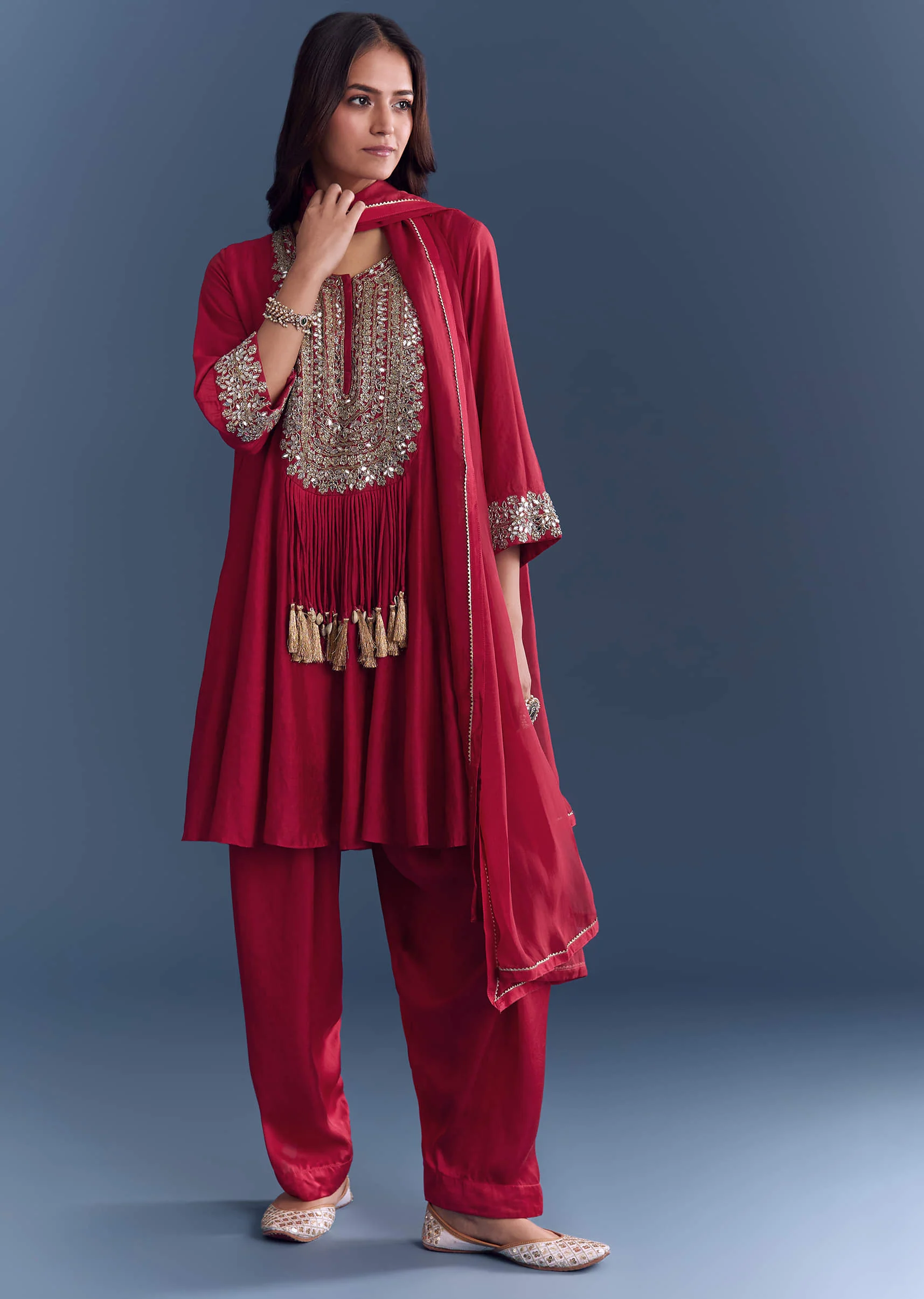 Red Silk Patiala Suit With Mirror And Cutdana Embroidery - Image 3