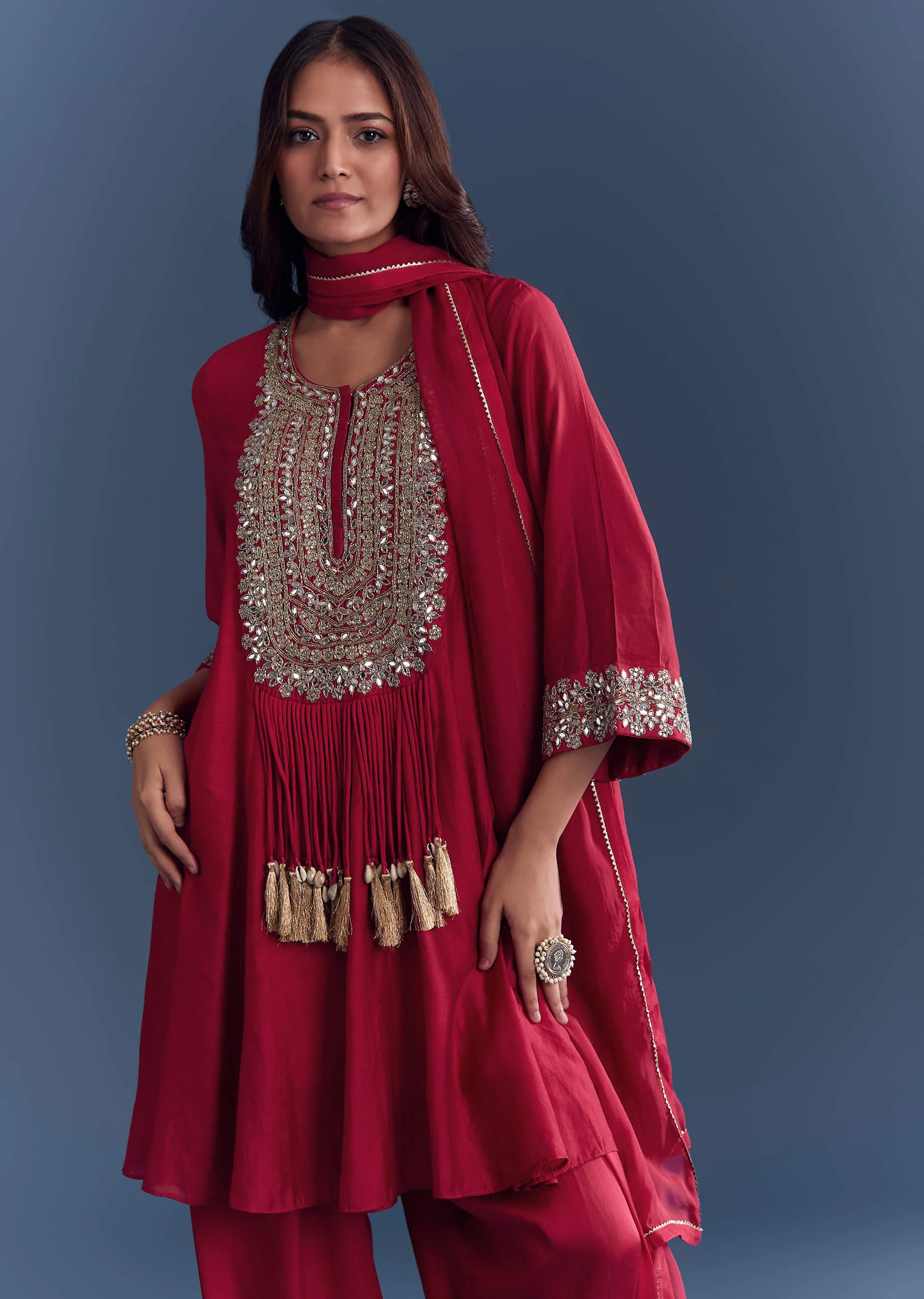 Red Silk Patiala Suit With Mirror And Cutdana Embroidery - Image 4
