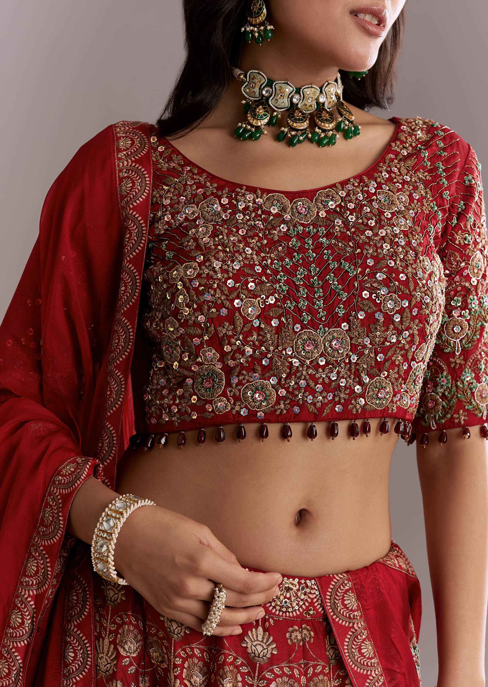 Red Silk Printed Bridesmaid Lehenga With Intricate Hand Embroidery - Image 3