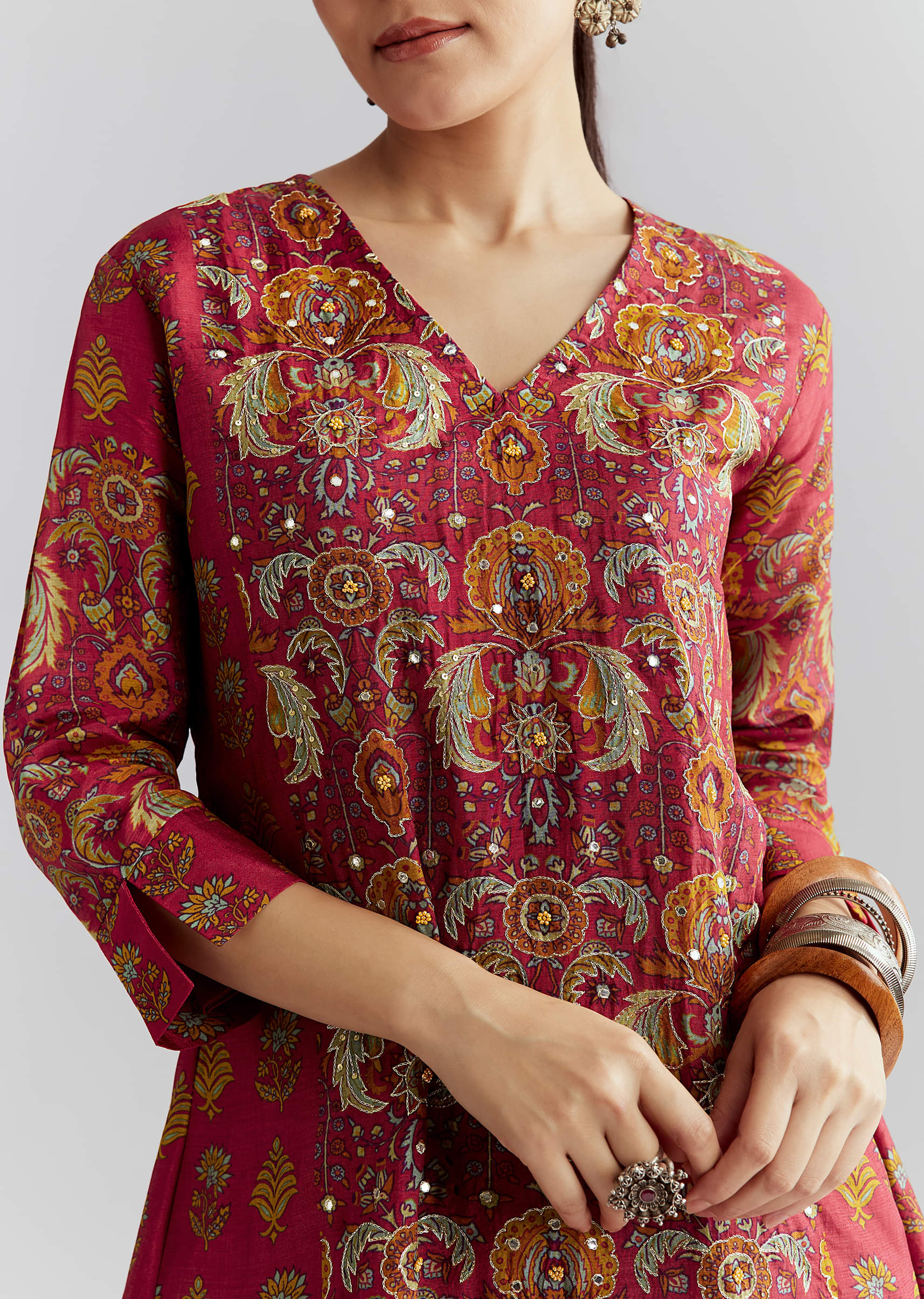 Red Silk Printed Co Ord Set With Heavy Embroidery - Image 2