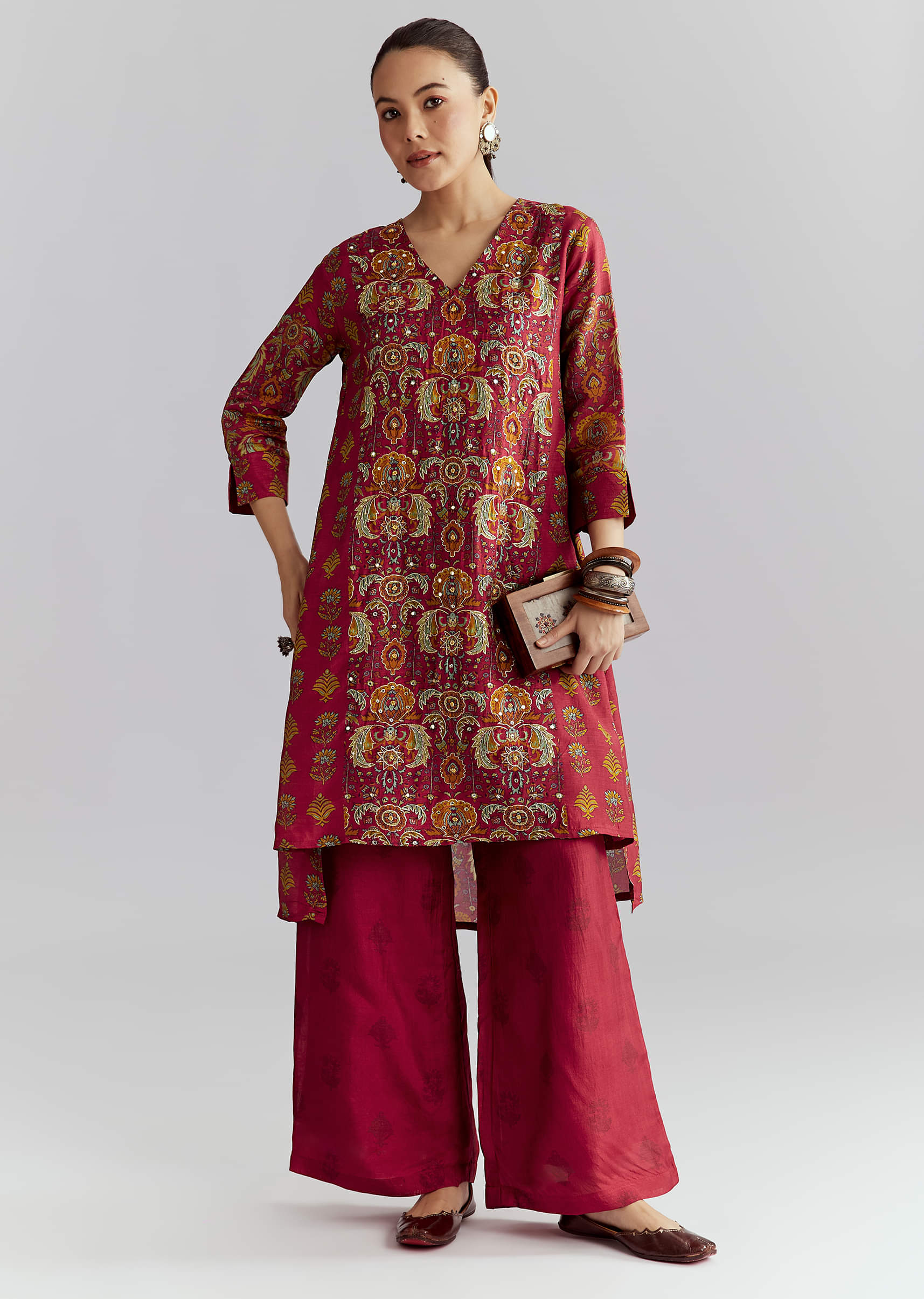 Red Silk Printed Co Ord Set With Heavy Embroidery - Image 3