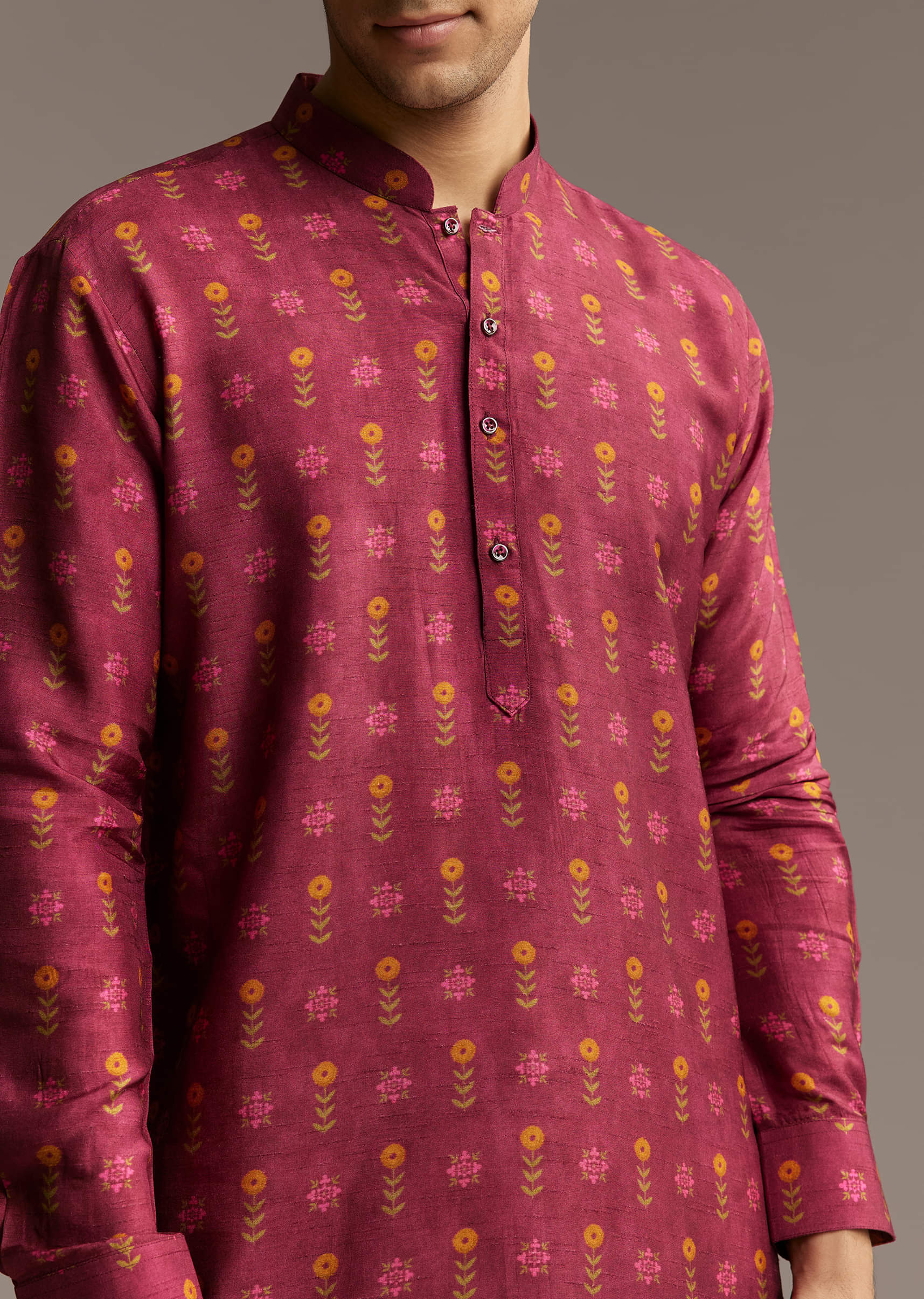 Red Silk Printed Designer Kurta For Men - Image 2