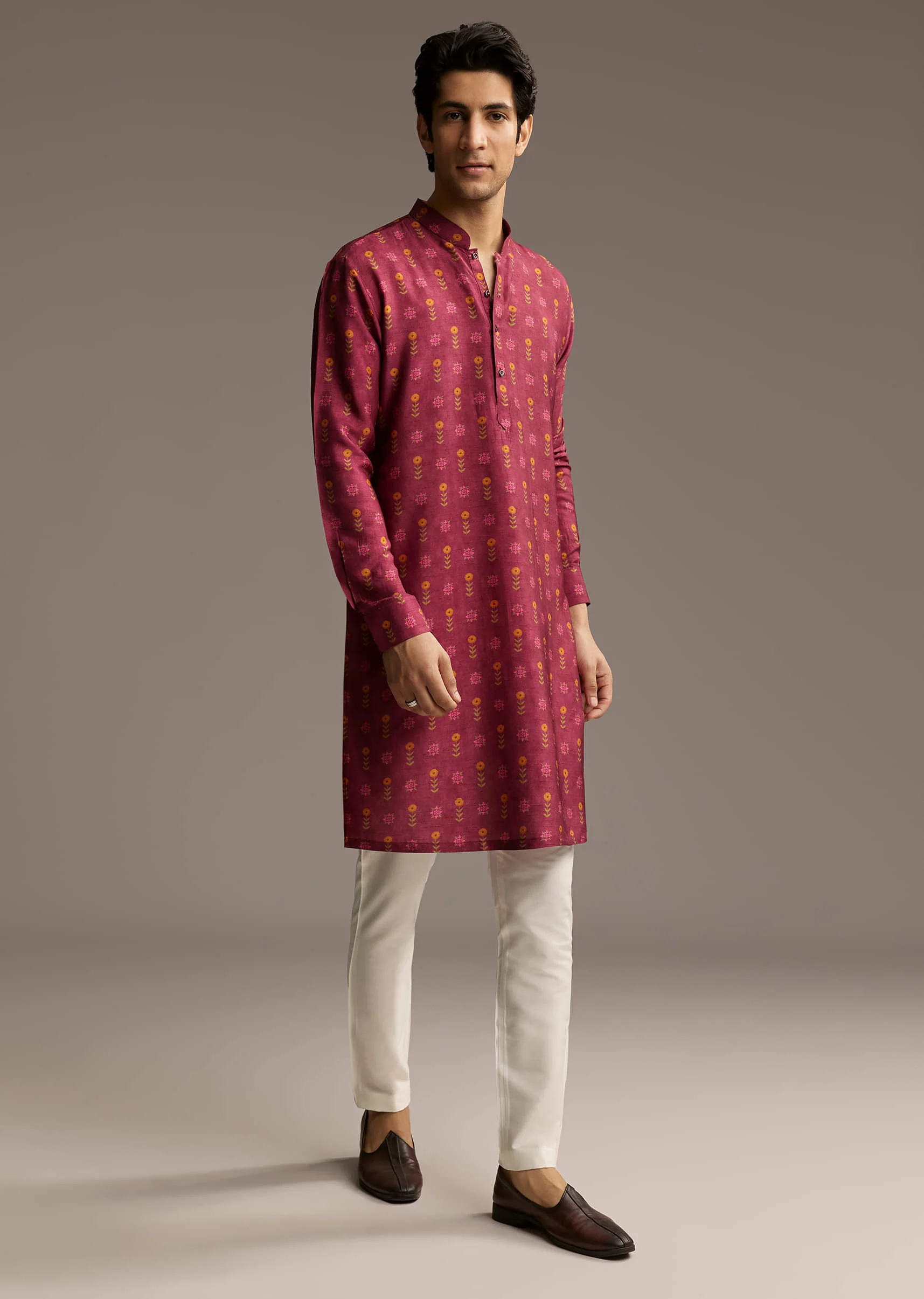 Red Silk Printed Designer Kurta For Men - Image 3