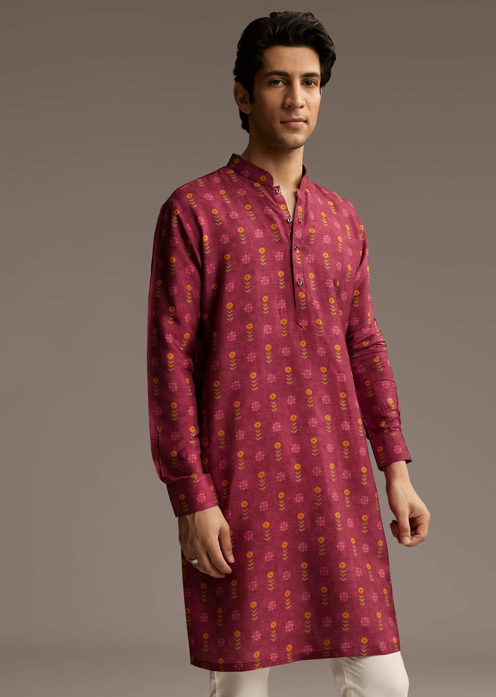 Red Silk Printed Designer Kurta For Men - Image 4