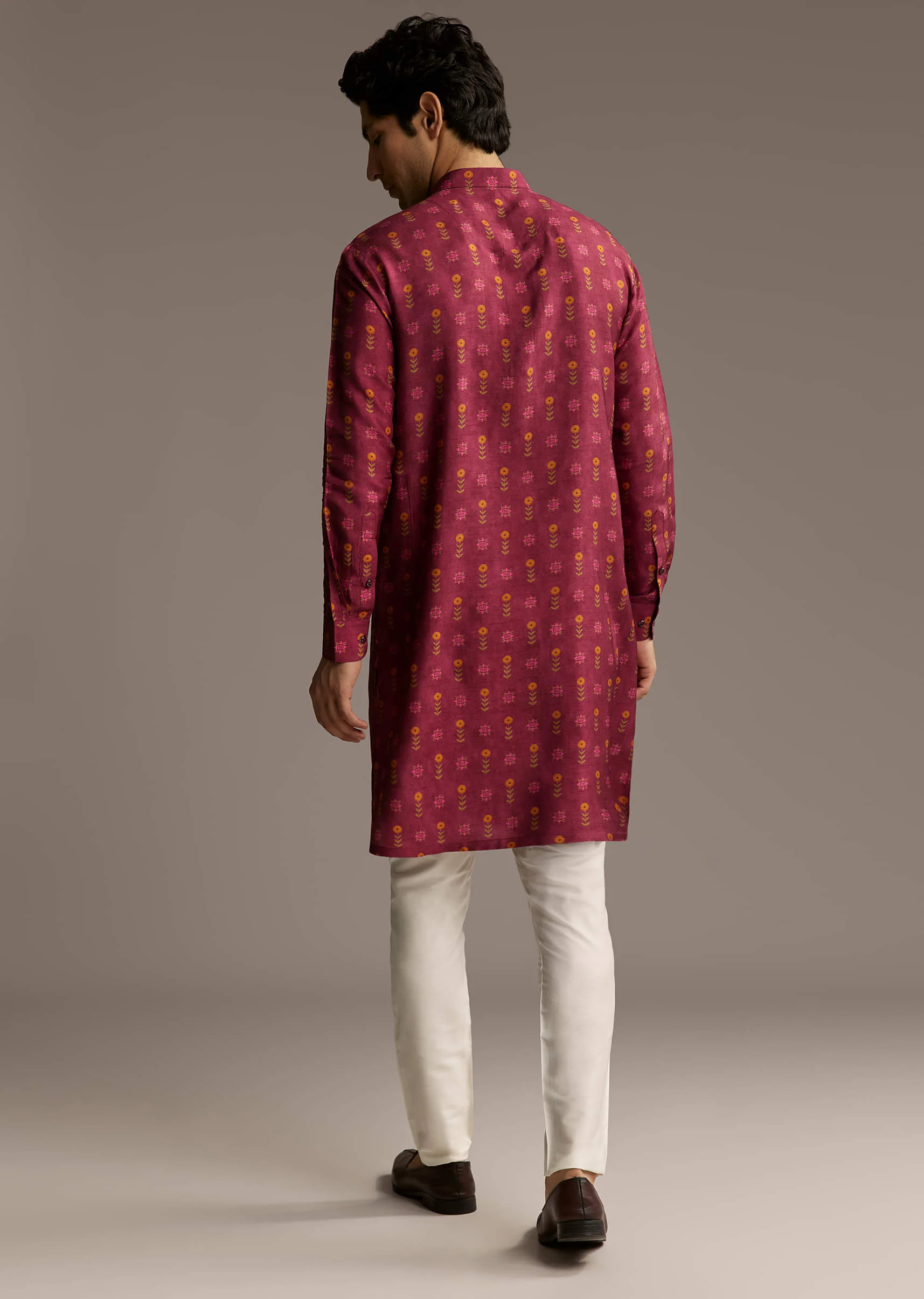 Red Silk Printed Designer Kurta For Men - Image 5