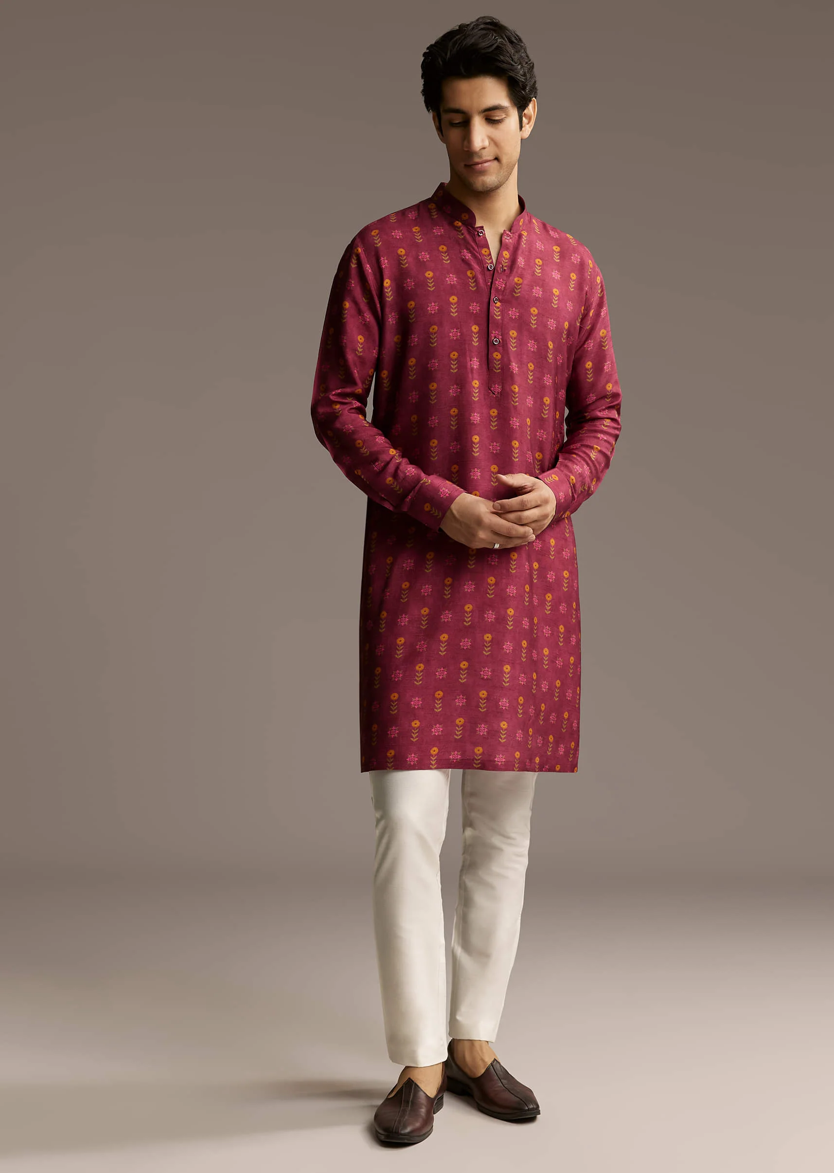 Red Silk Printed Designer Kurta For Men - Image 7