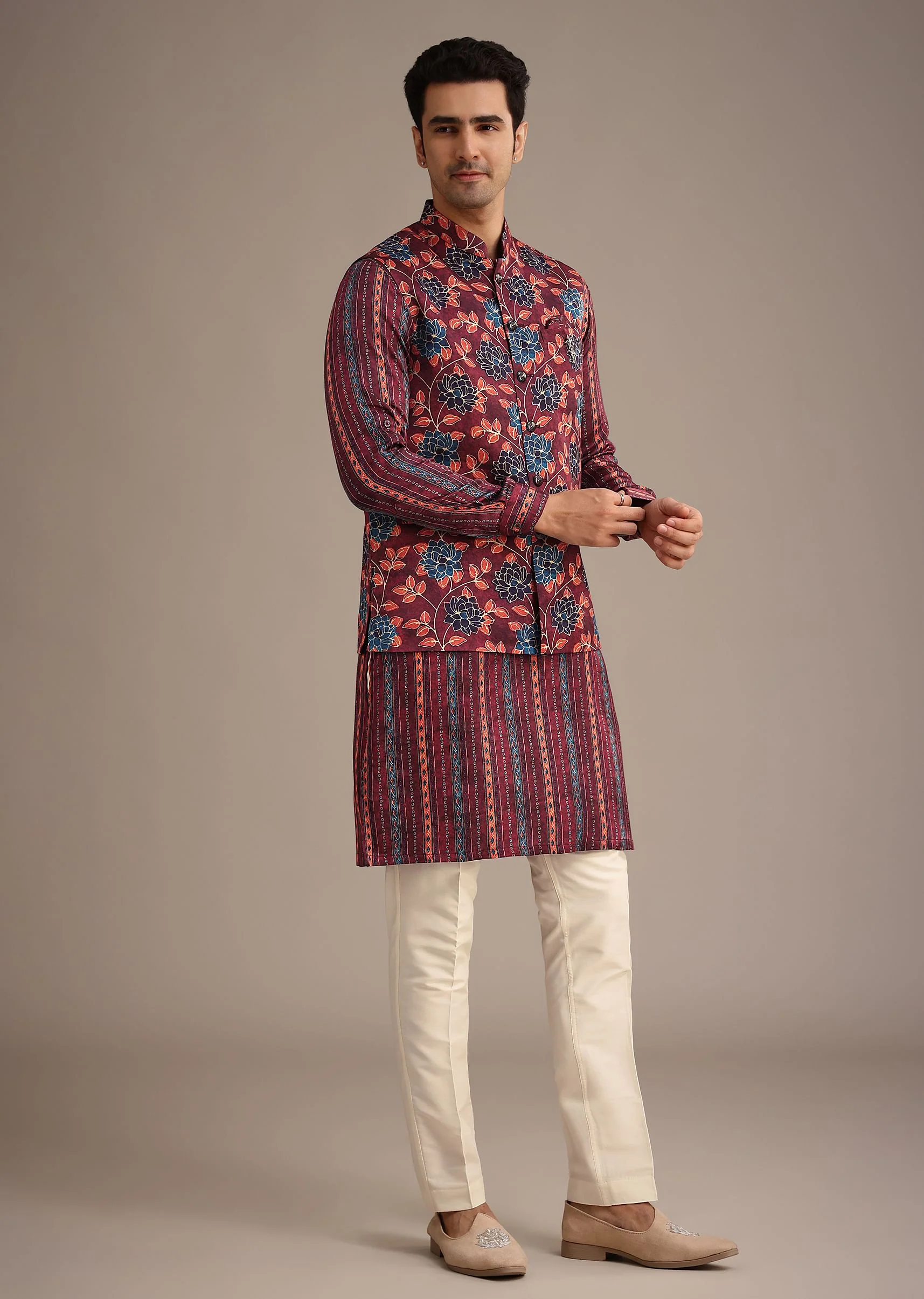 Red Silk Printed Jacket And Kurta Set - Image 2