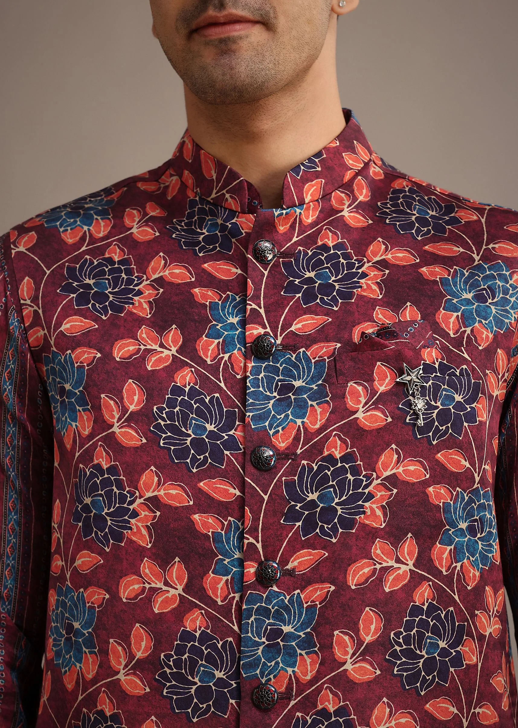 Red Silk Printed Jacket And Kurta Set - Image 3