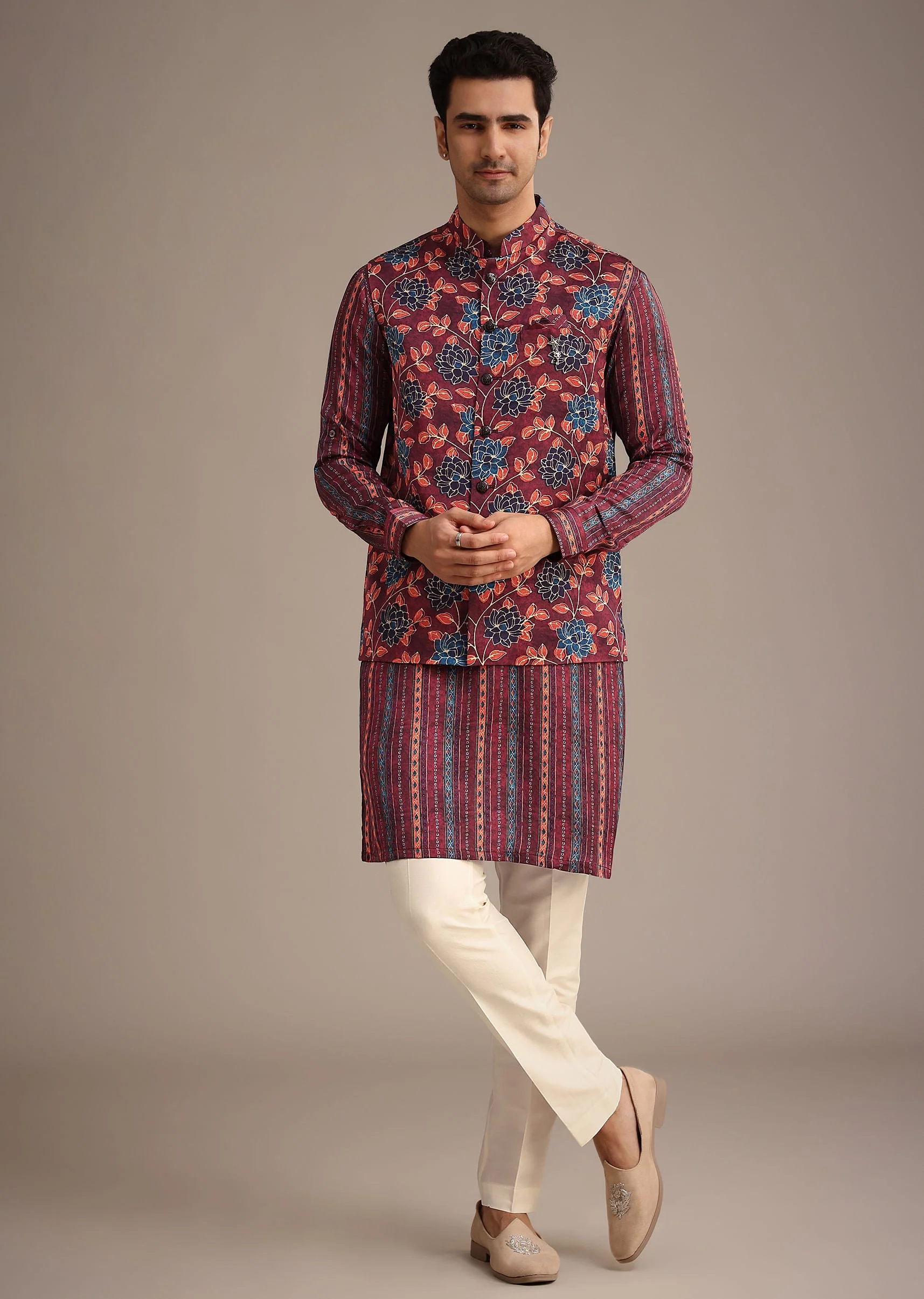 Red Silk Printed Jacket And Kurta Set - Image 4