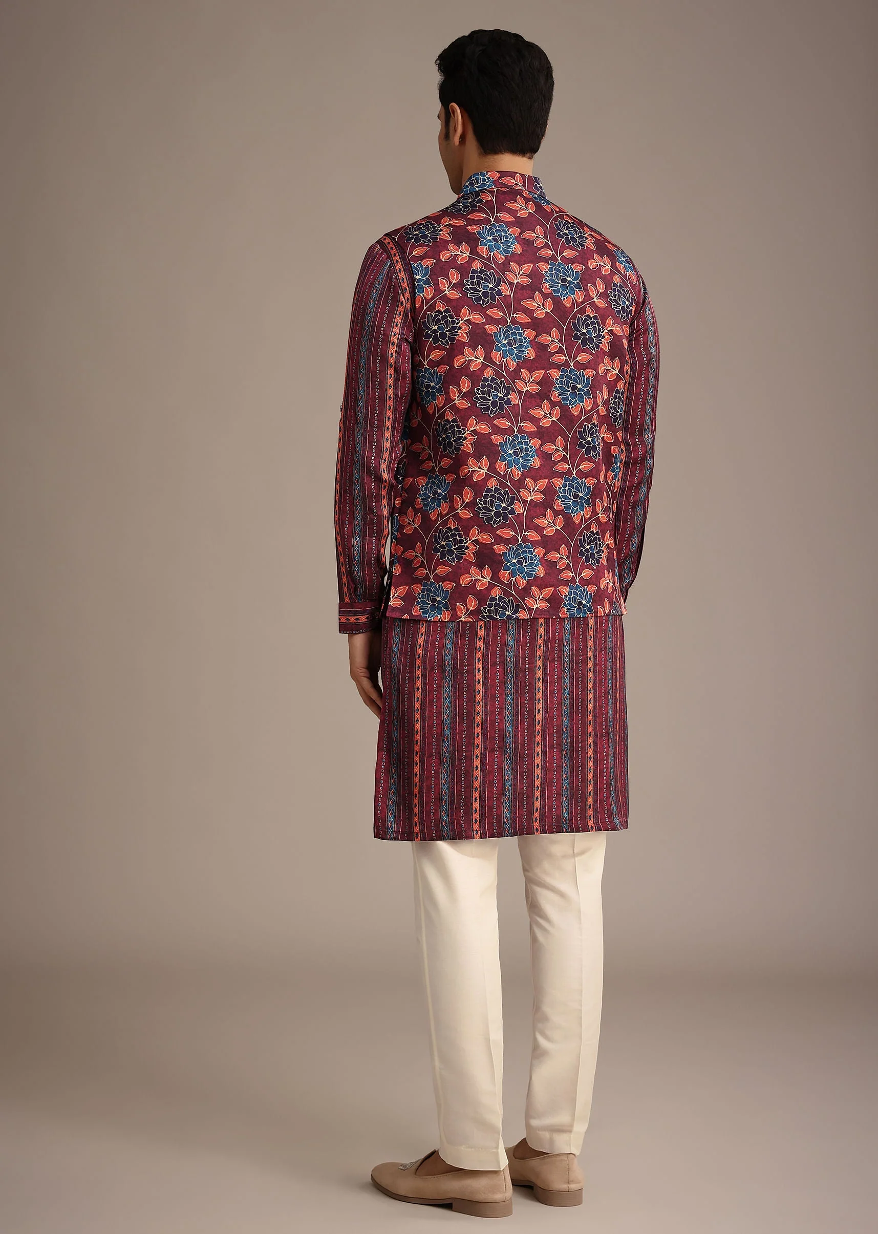 Red Silk Printed Jacket And Kurta Set - Image 5