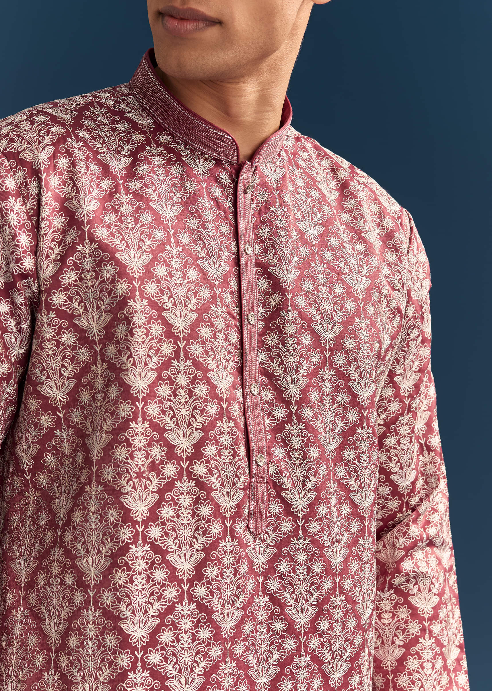 Red Silk Printed Kurta Set For Men With Thread Embroidery - Image 2