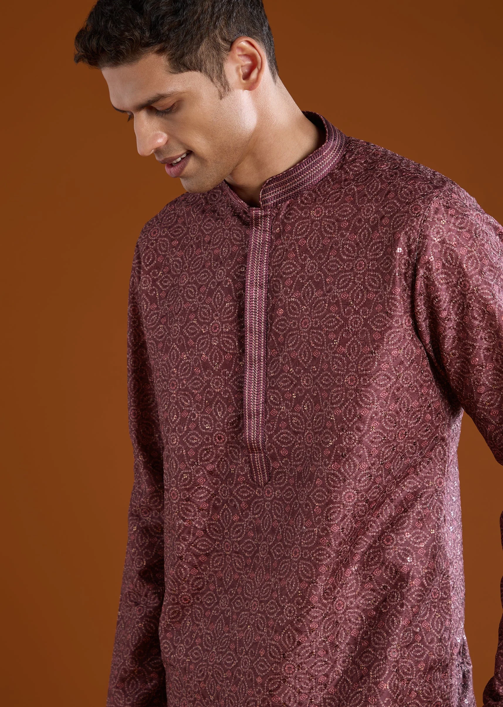 Red Silk Resham Embroidered Mens Kurta Pant Set - Image 2