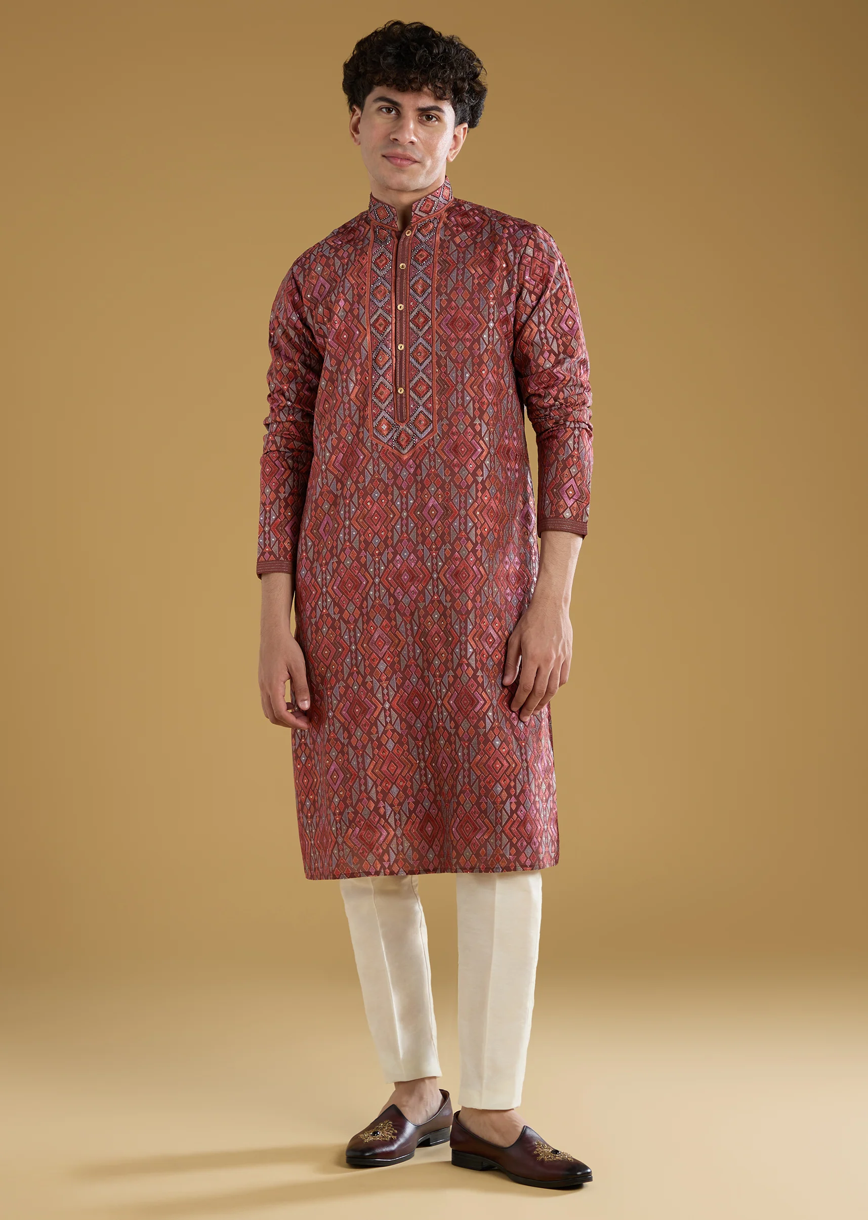 Red Silk Resham Motif Mens Kurta Pant Set - Image 3