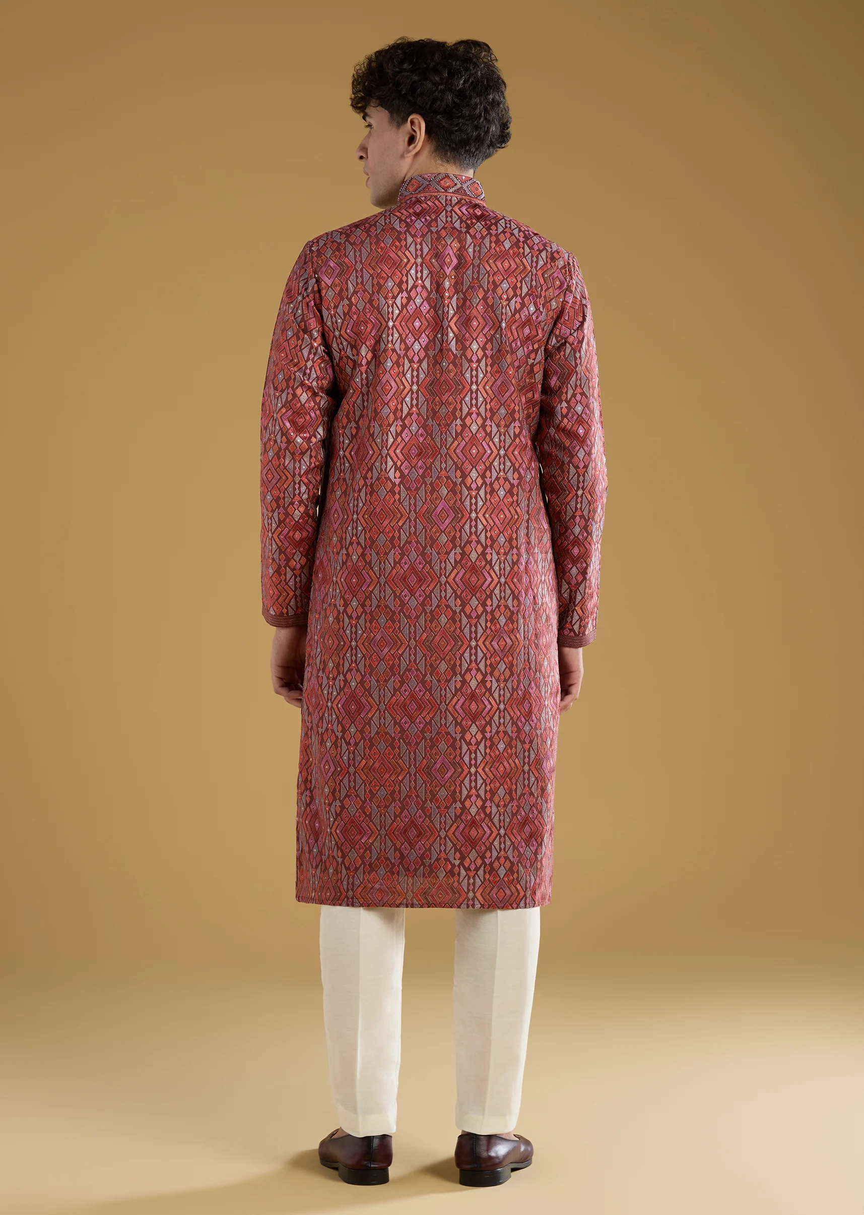 Red Silk Resham Motif Mens Kurta Pant Set - Image 5