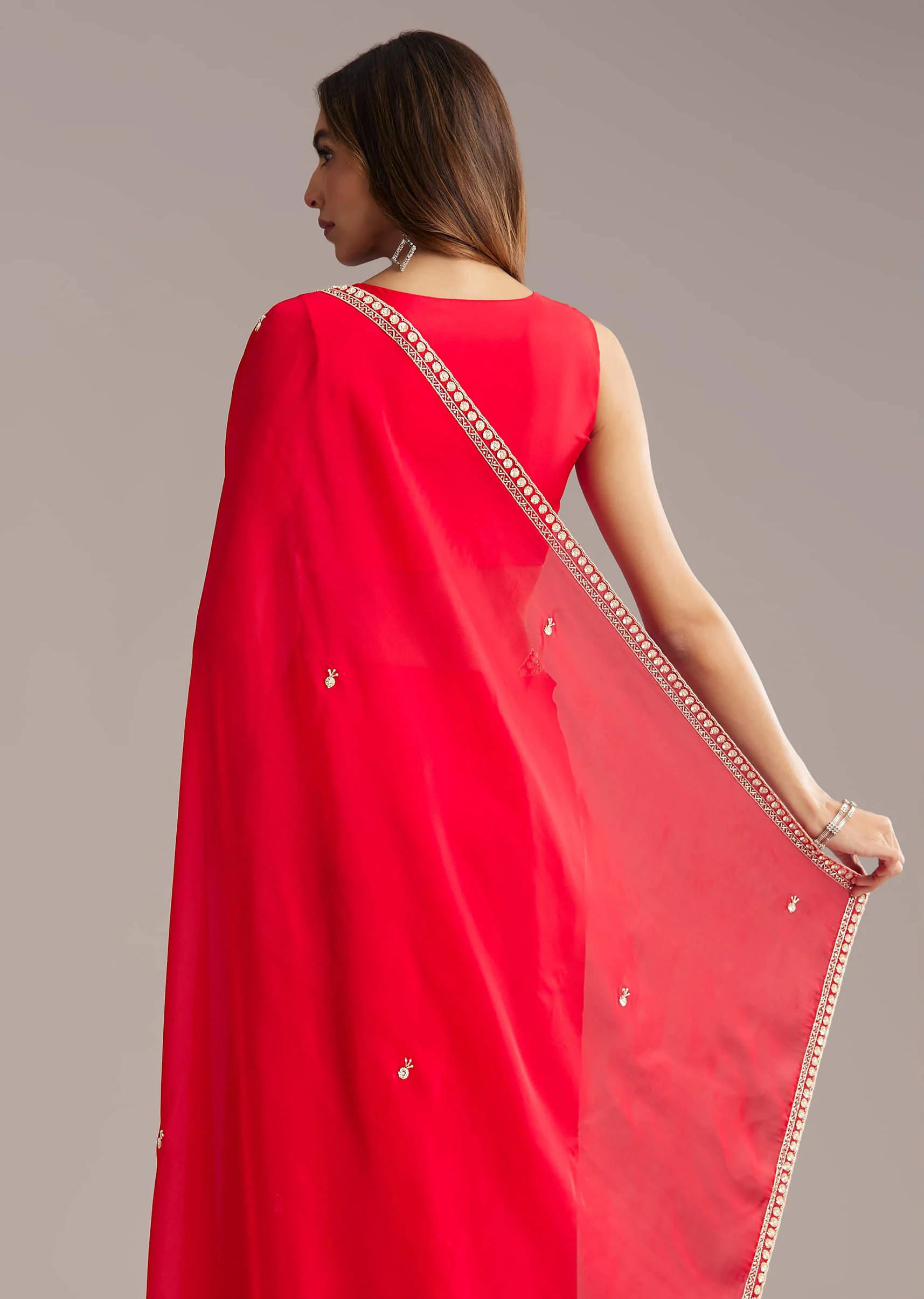 Red Silk Saree With Stone And Cutdana Embroidery - Image 5
