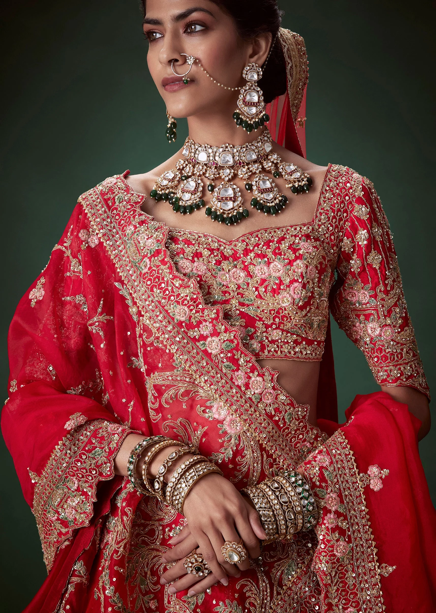 Red Silk Sequin and Stone Embellished Bridal Lehenga Set - Image 3