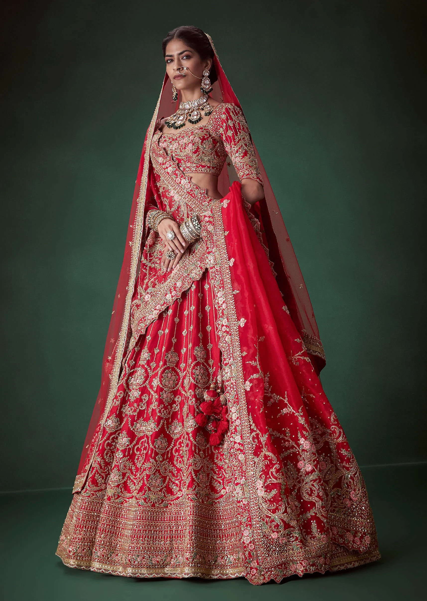 Red Silk Sequin and Stone Embellished Bridal Lehenga Set - Image 4