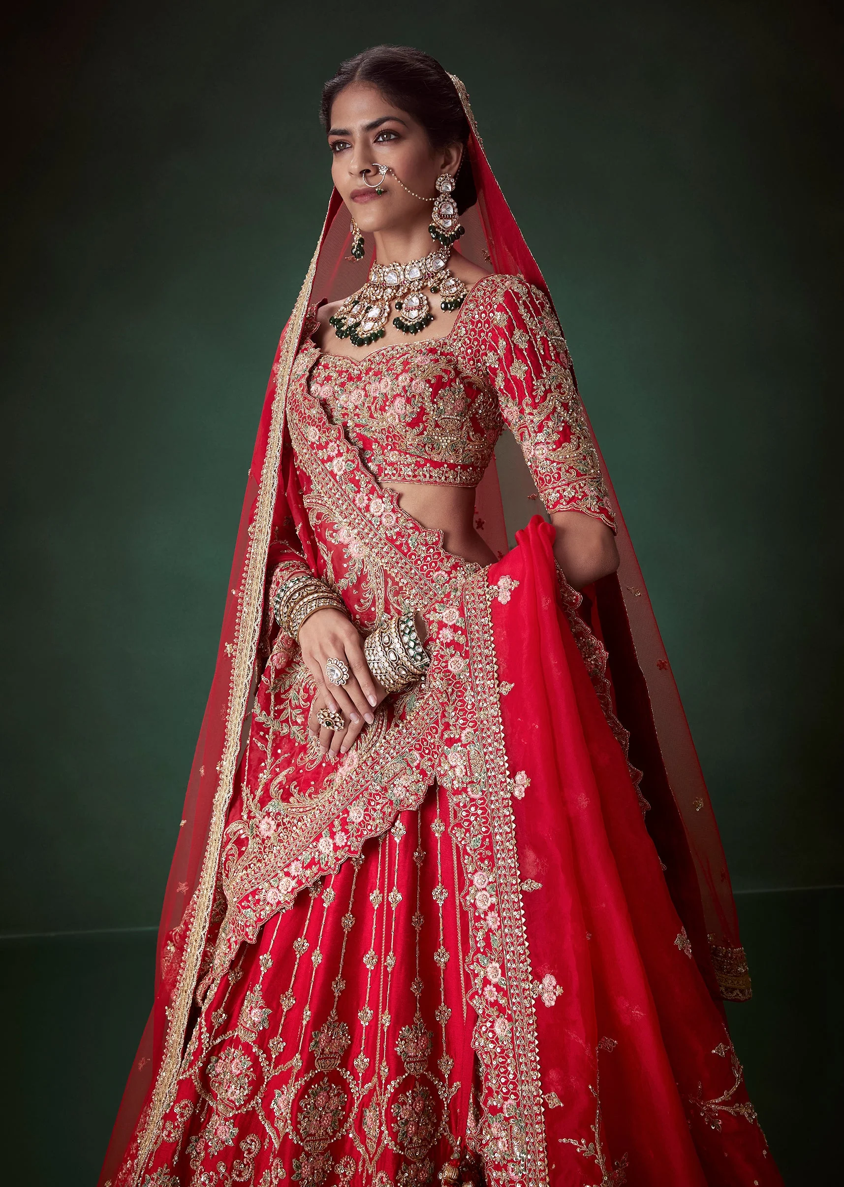 Red Silk Sequin and Stone Embellished Bridal Lehenga Set - Image 5