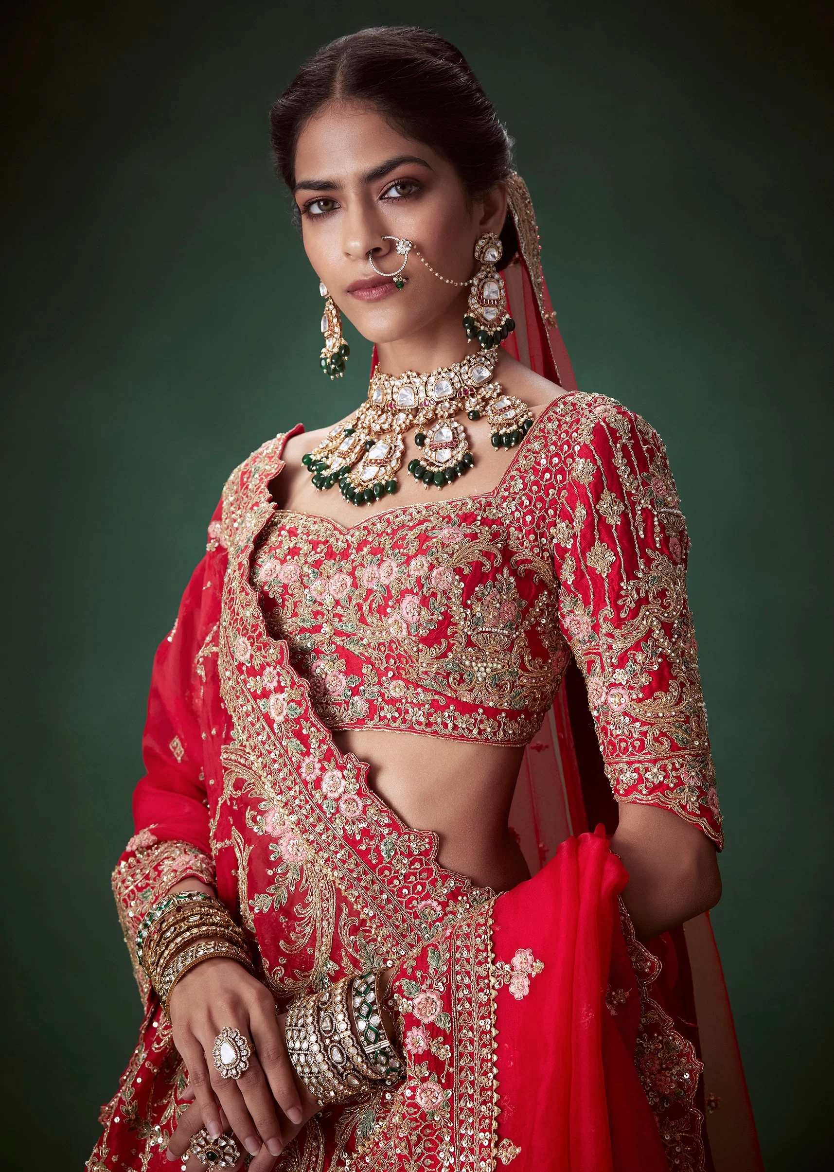 Red Silk Sequin and Stone Embellished Bridal Lehenga Set - Image 7