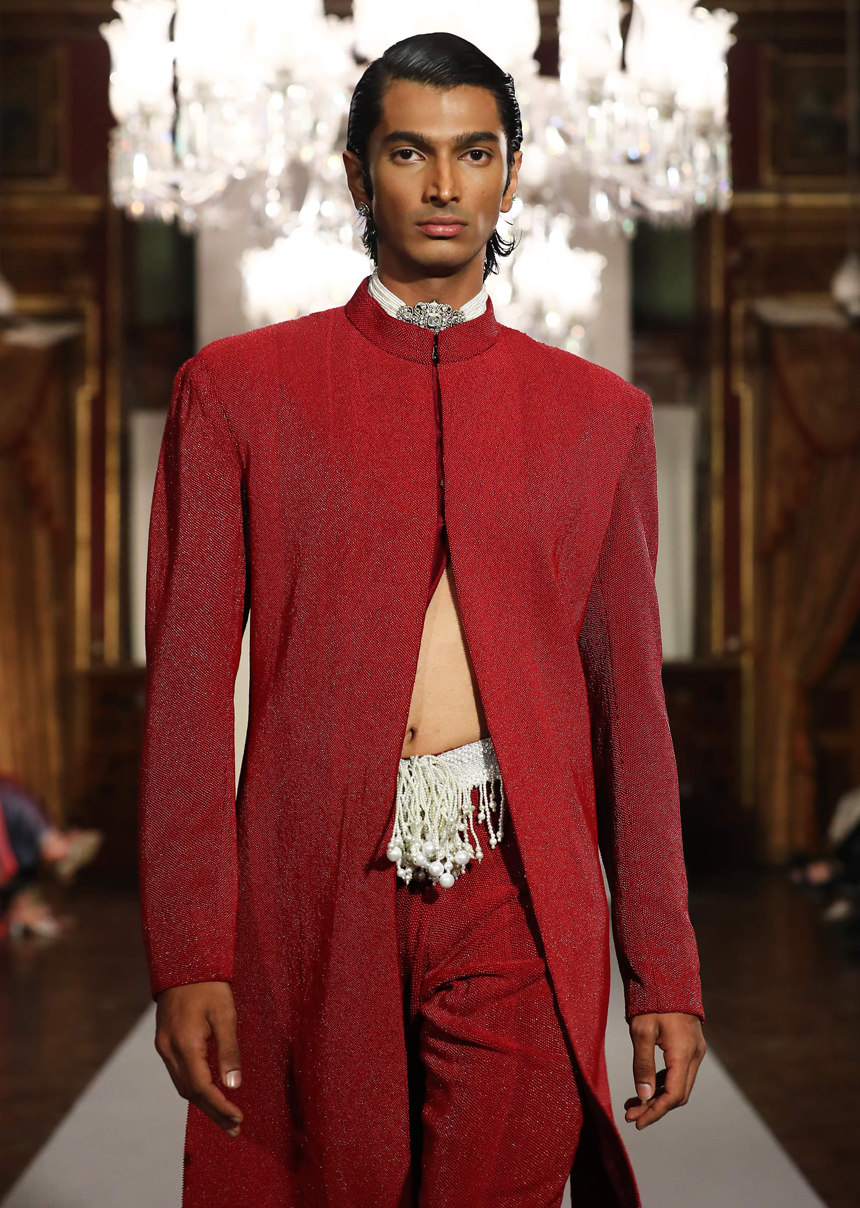 Red Silk Sherwani For Groom With Bead And Zardosi Embroidery - Image 2