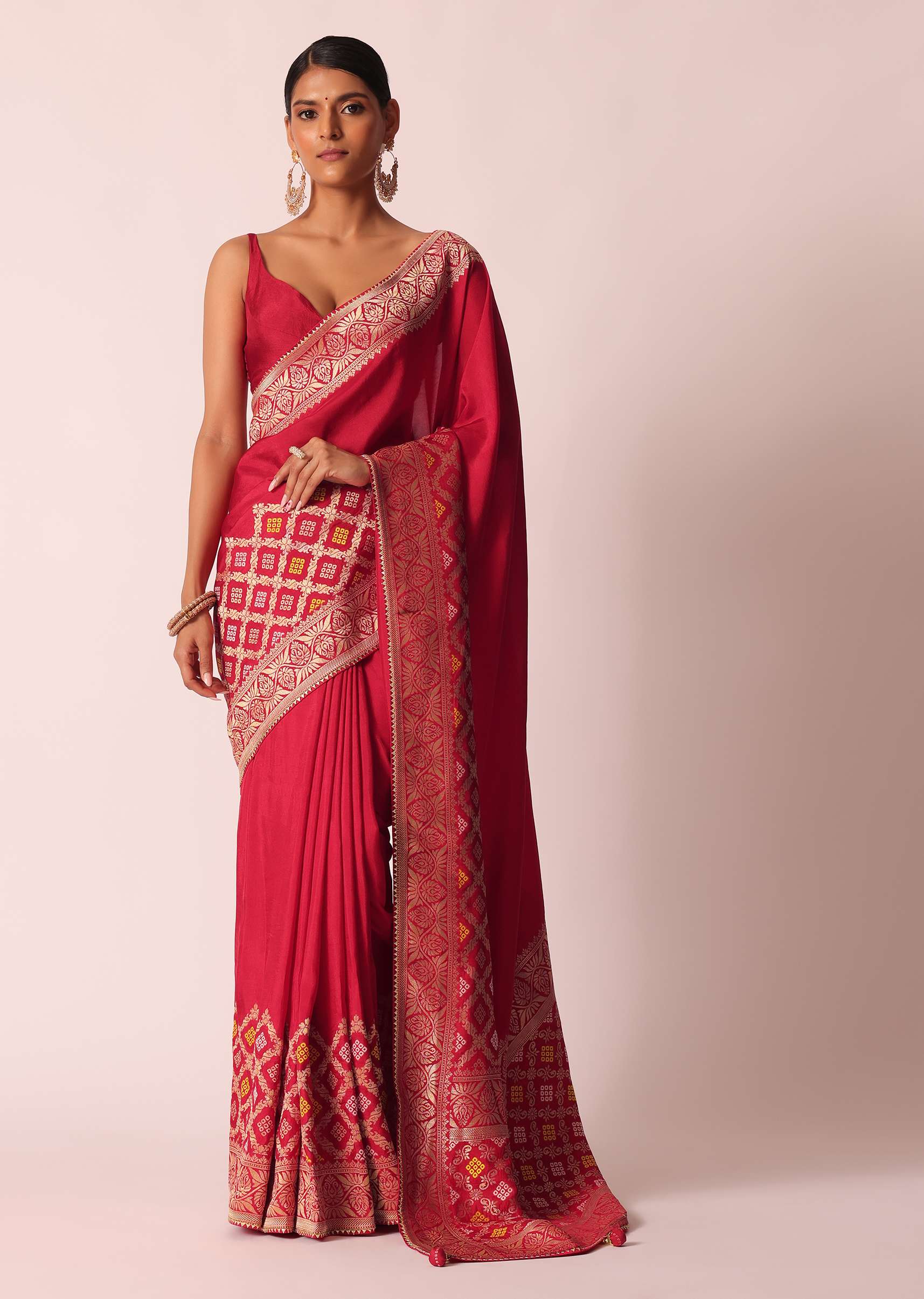 Red Silk Woven Saree With Bandhani Detail And Unstitched Blouse Piece - Image 3
