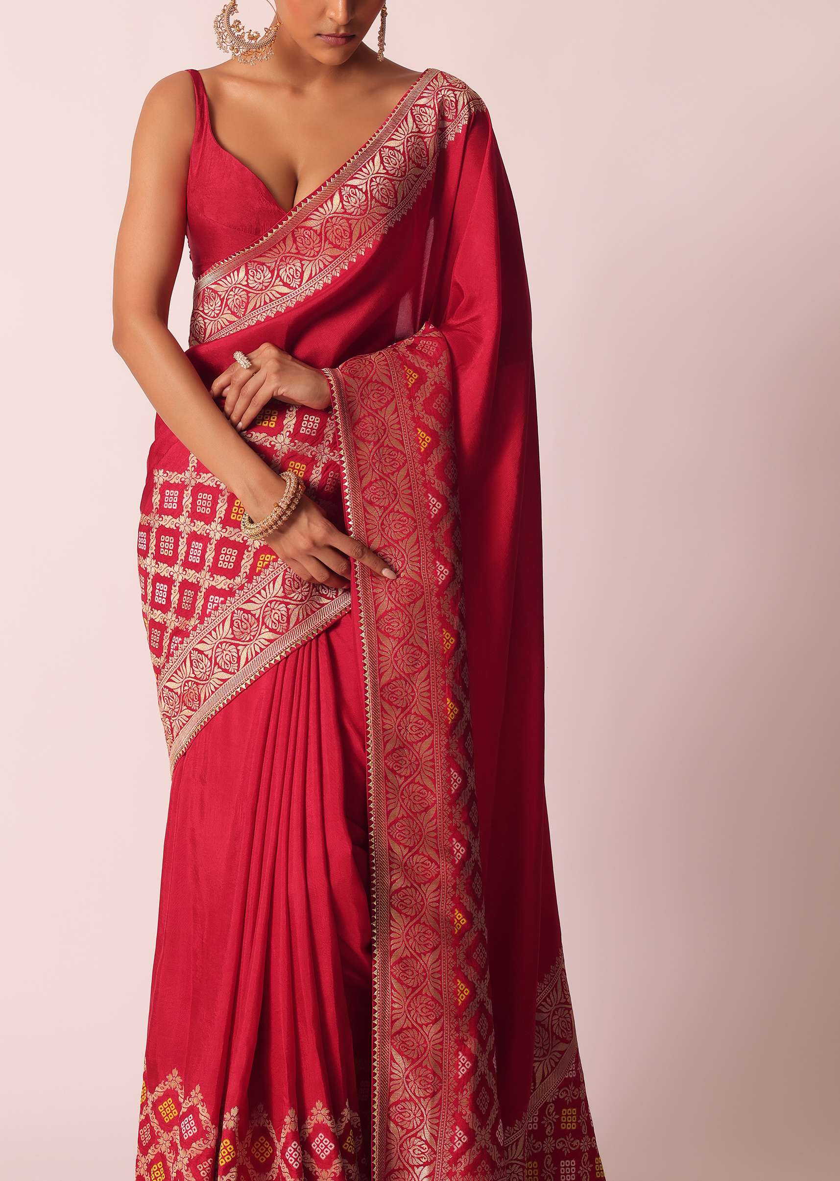 Red Silk Woven Saree With Bandhani Detail And Unstitched Blouse Piece - Image 5