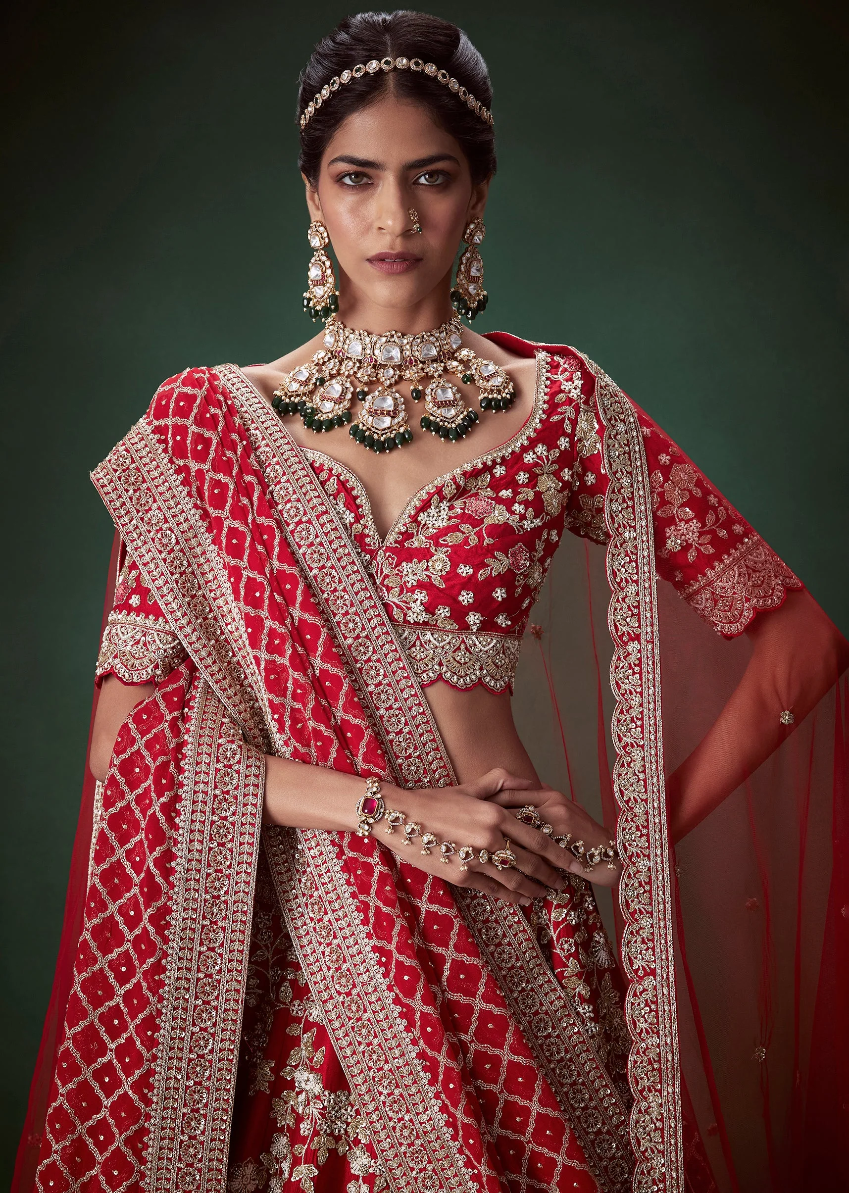 Red Silk Zari Work Bridal Lehenga Set with Two Dupatta - Image 3