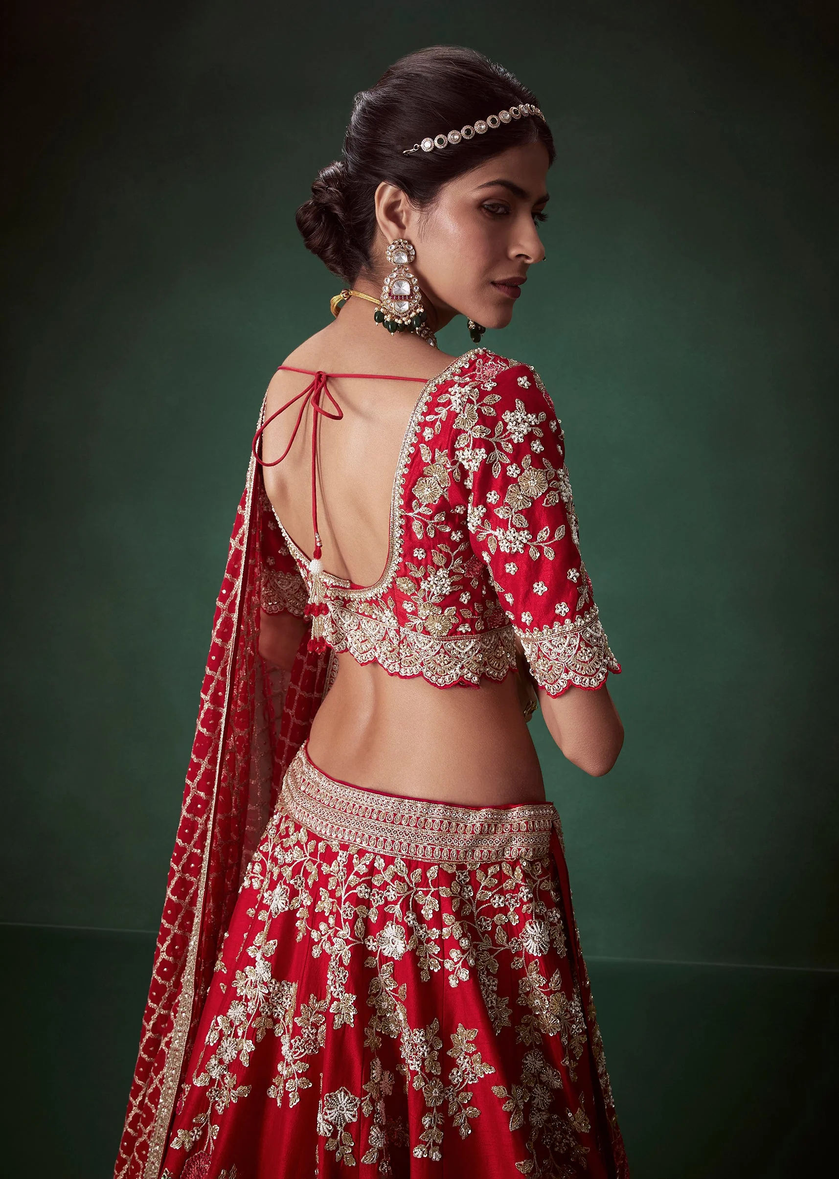 Red Silk Zari Work Bridal Lehenga Set with Two Dupatta - Image 6
