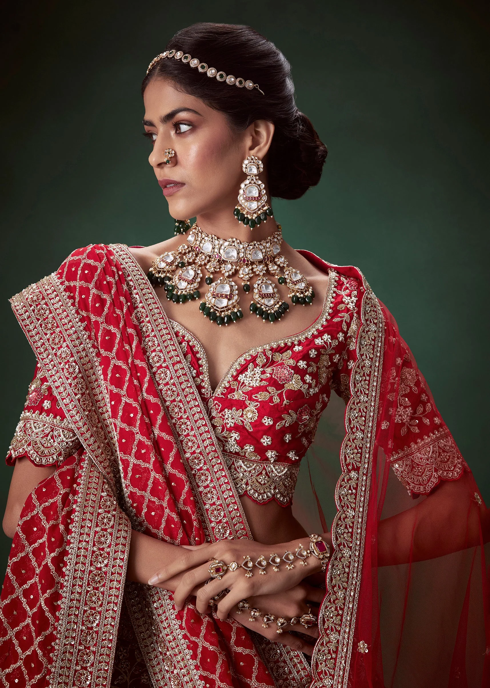 Red Silk Zari Work Bridal Lehenga Set with Two Dupatta - Image 7