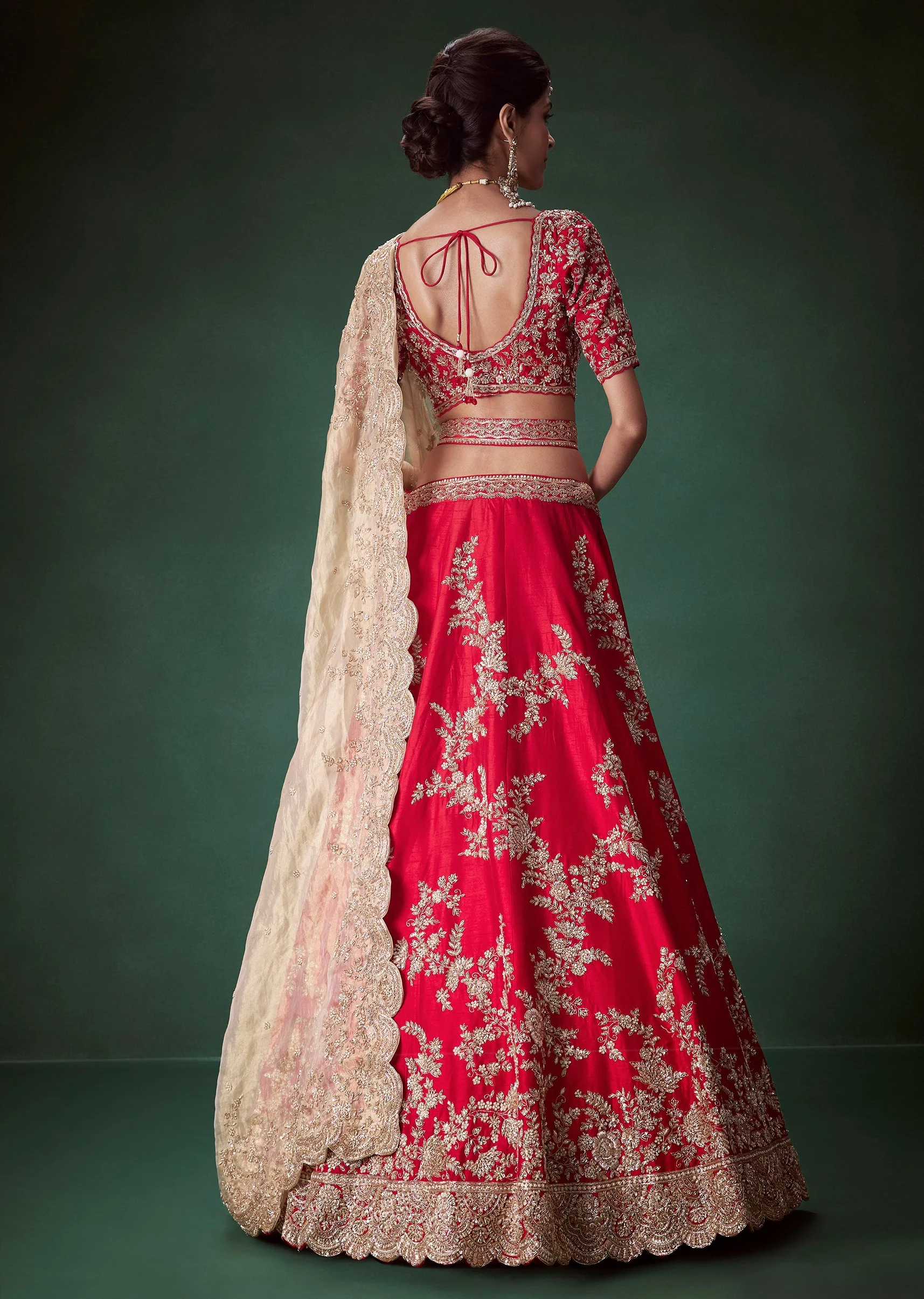 Red Silk Zari Work Bridal Lehenga Set with Two Dupattas - Image 2