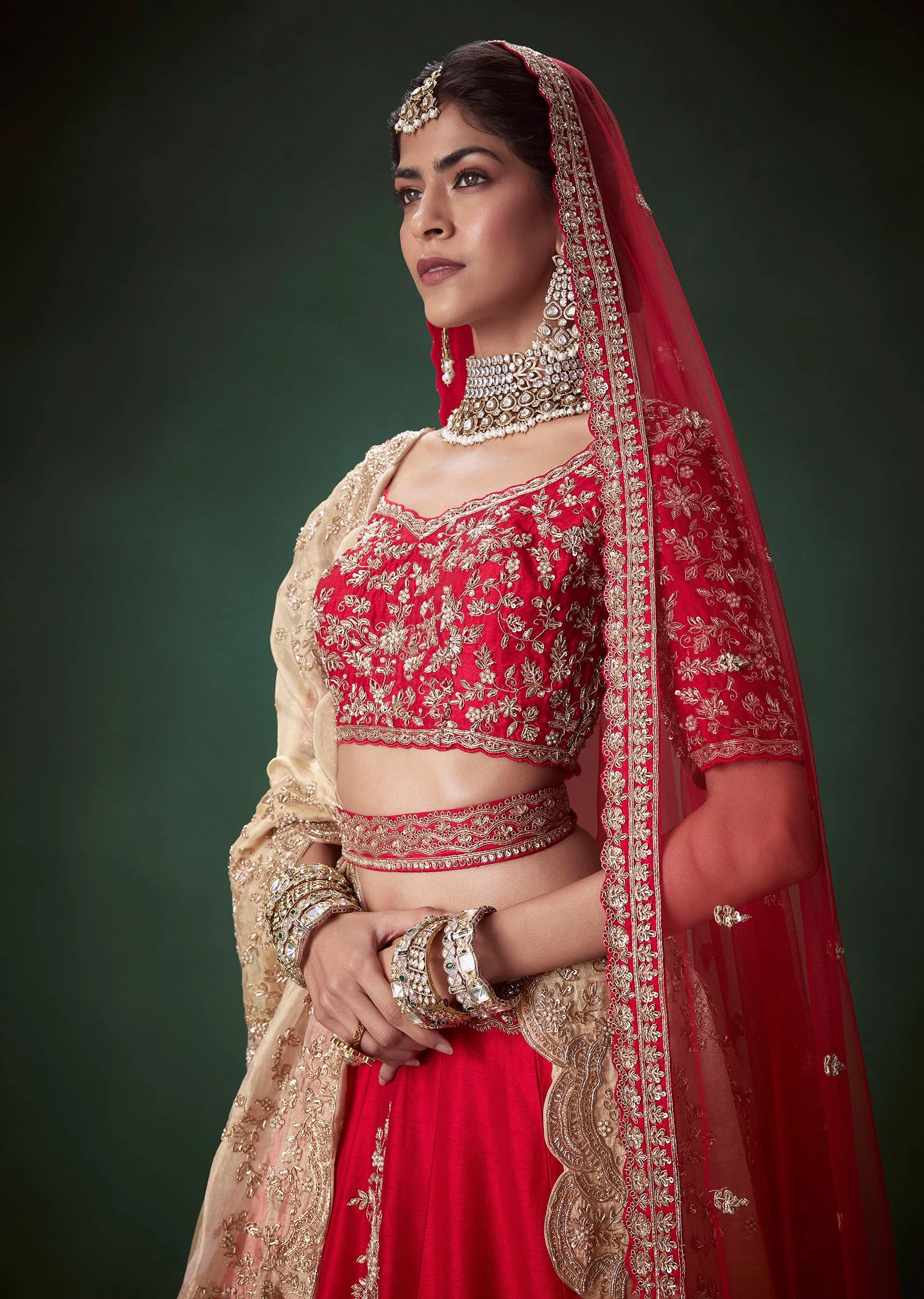 Red Silk Zari Work Bridal Lehenga Set with Two Dupattas - Image 3