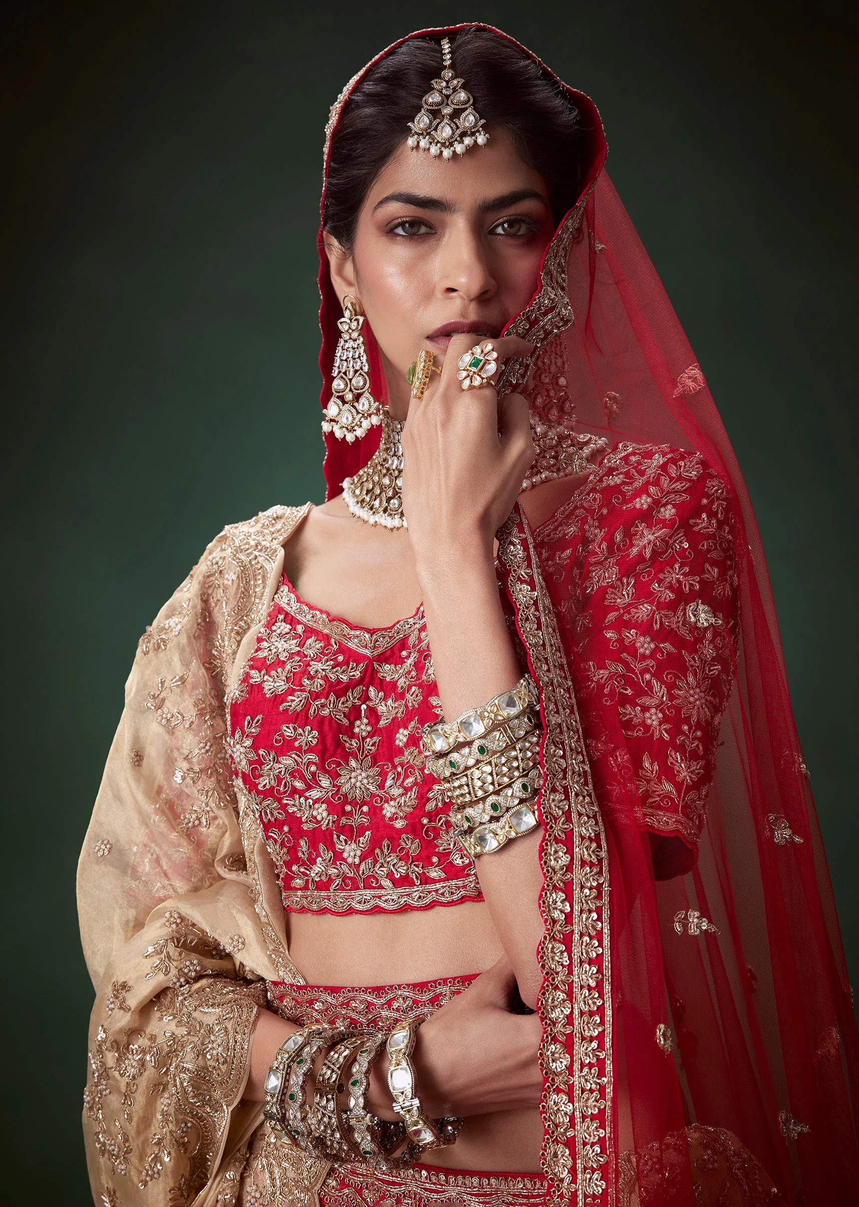 Red Silk Zari Work Bridal Lehenga Set with Two Dupattas - Image 7