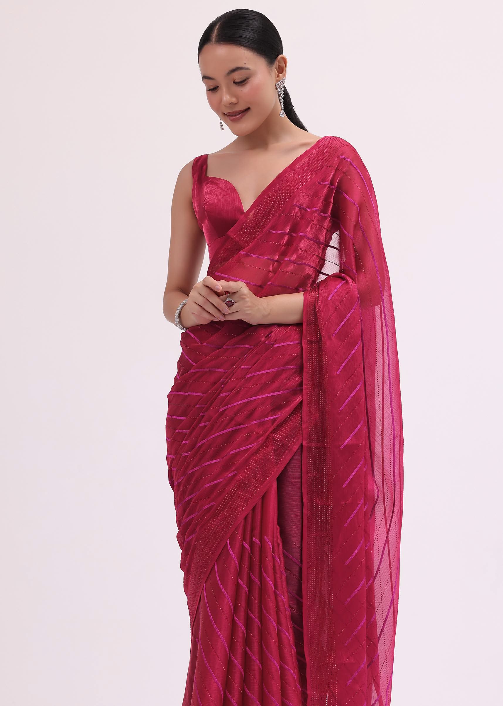 Red Stone Embroidered Saree With Unstitched Blouse - Image 5