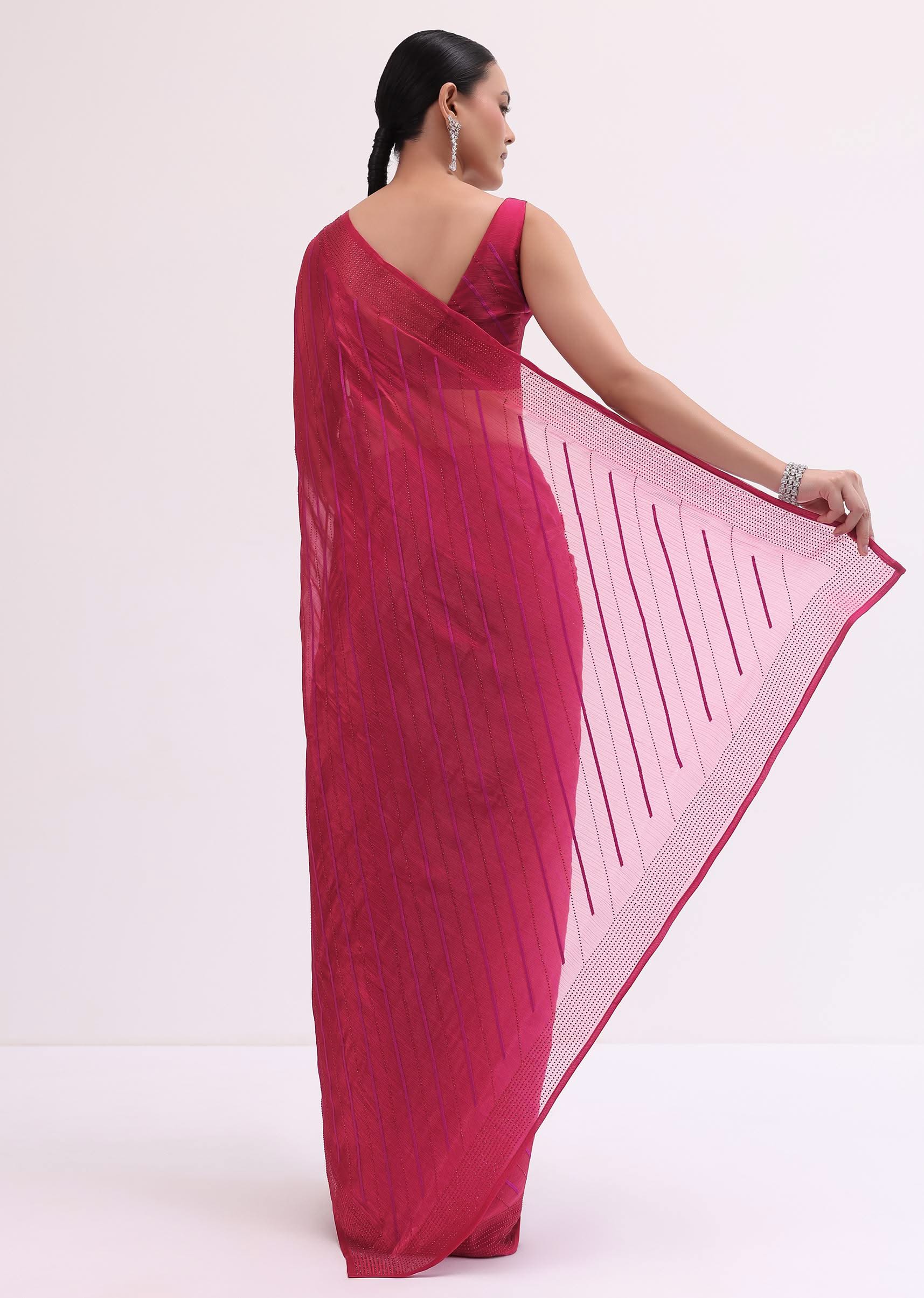 Red Stone Embroidered Saree With Unstitched Blouse - Image 6