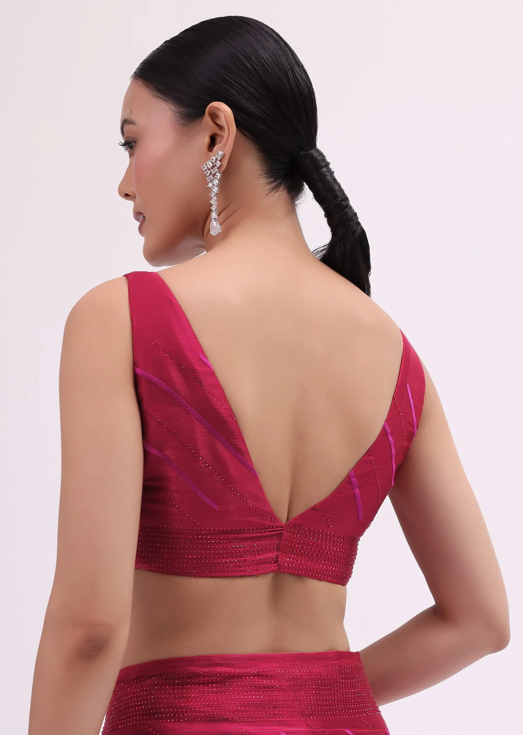 Red Stone Embroidered Saree With Unstitched Blouse - Image 8