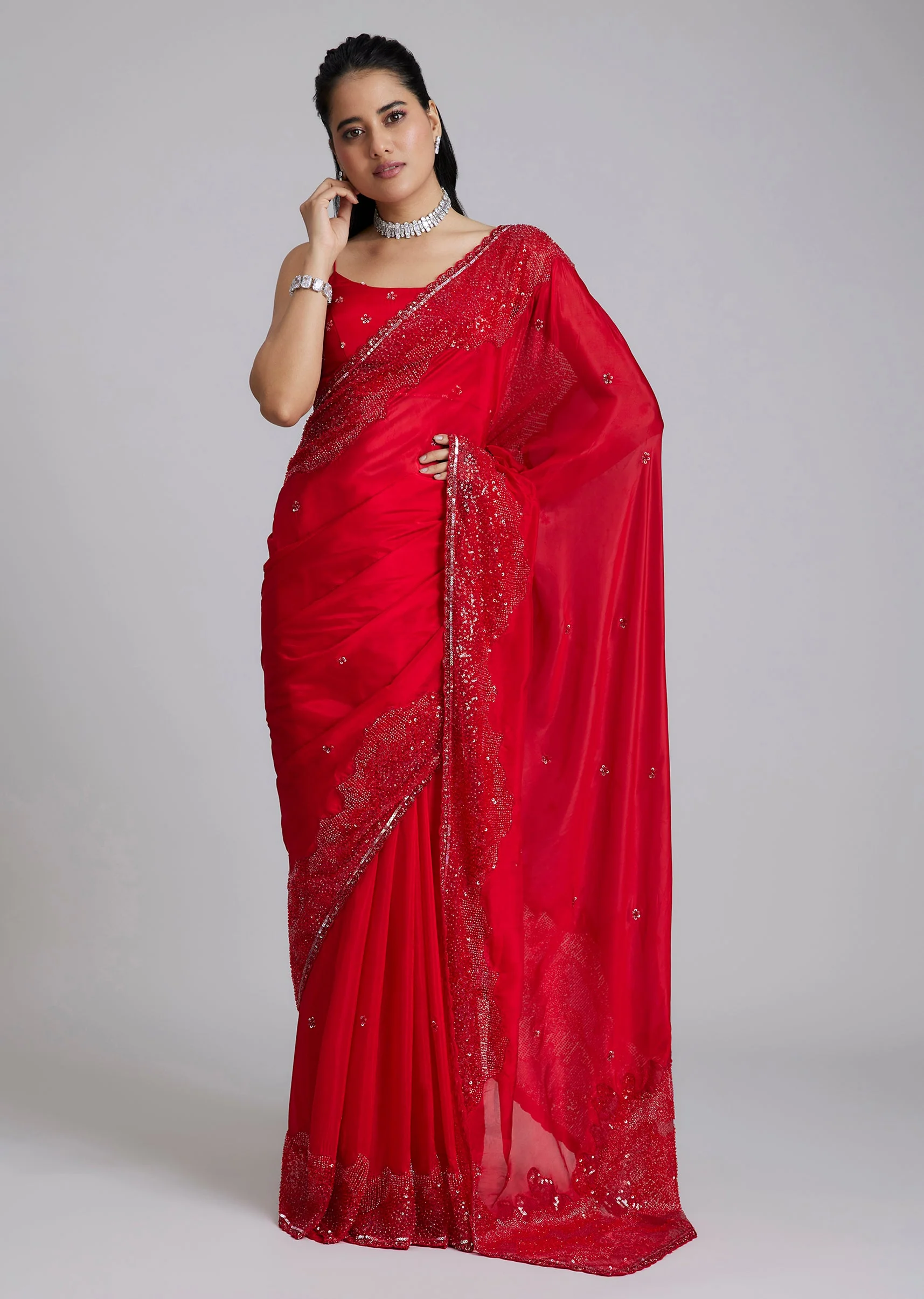 Red Tissue Saree With Heavy Border - Image 3